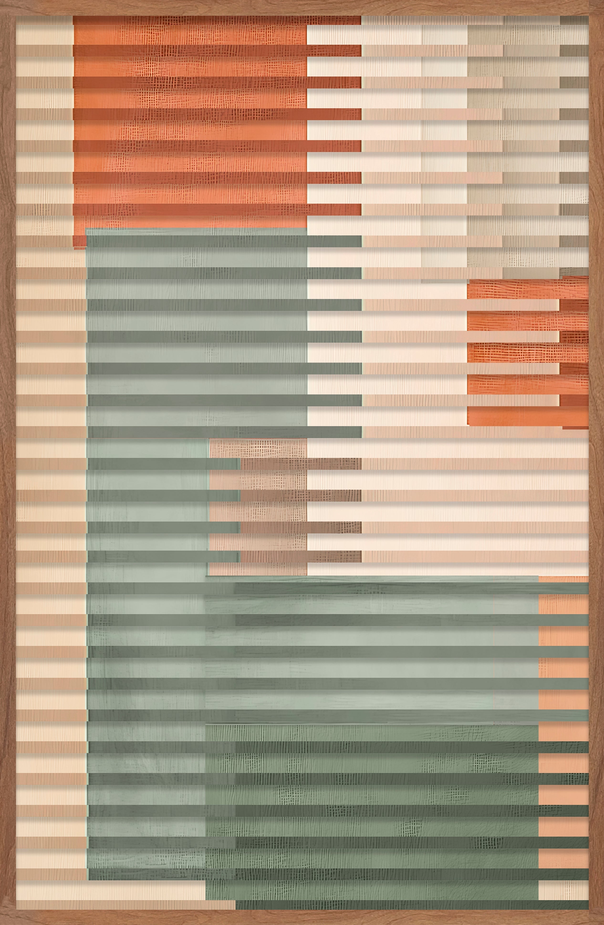 Cuadro Vilá Decoración con diseño abstracto de líneas horizontales en tonos naranja, beige y verde, con marco de madera.