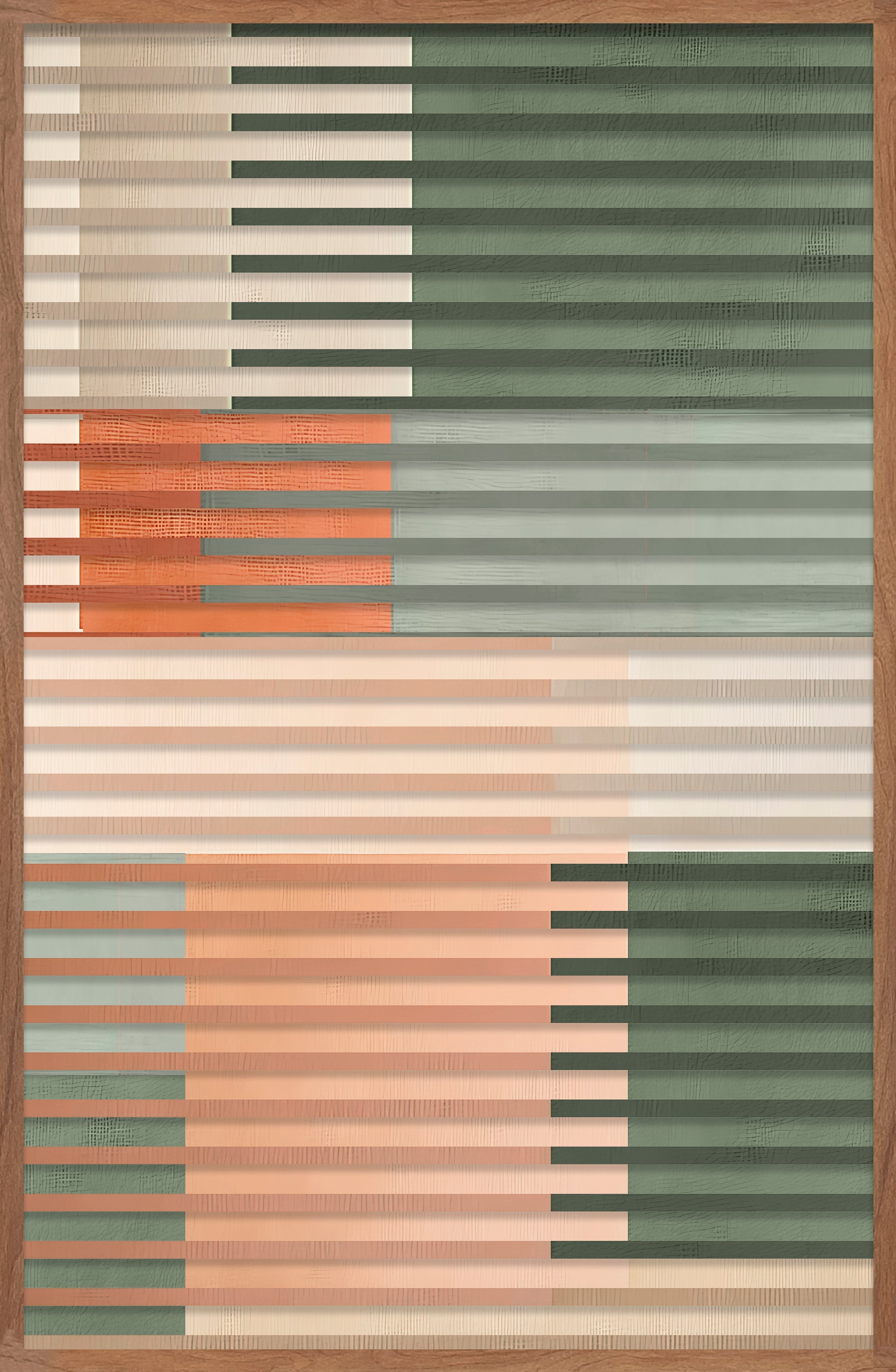 Cuadro Vilá Decoración con diseño abstracto de líneas horizontales en tonos beige, naranja y verde, con marco de madera.