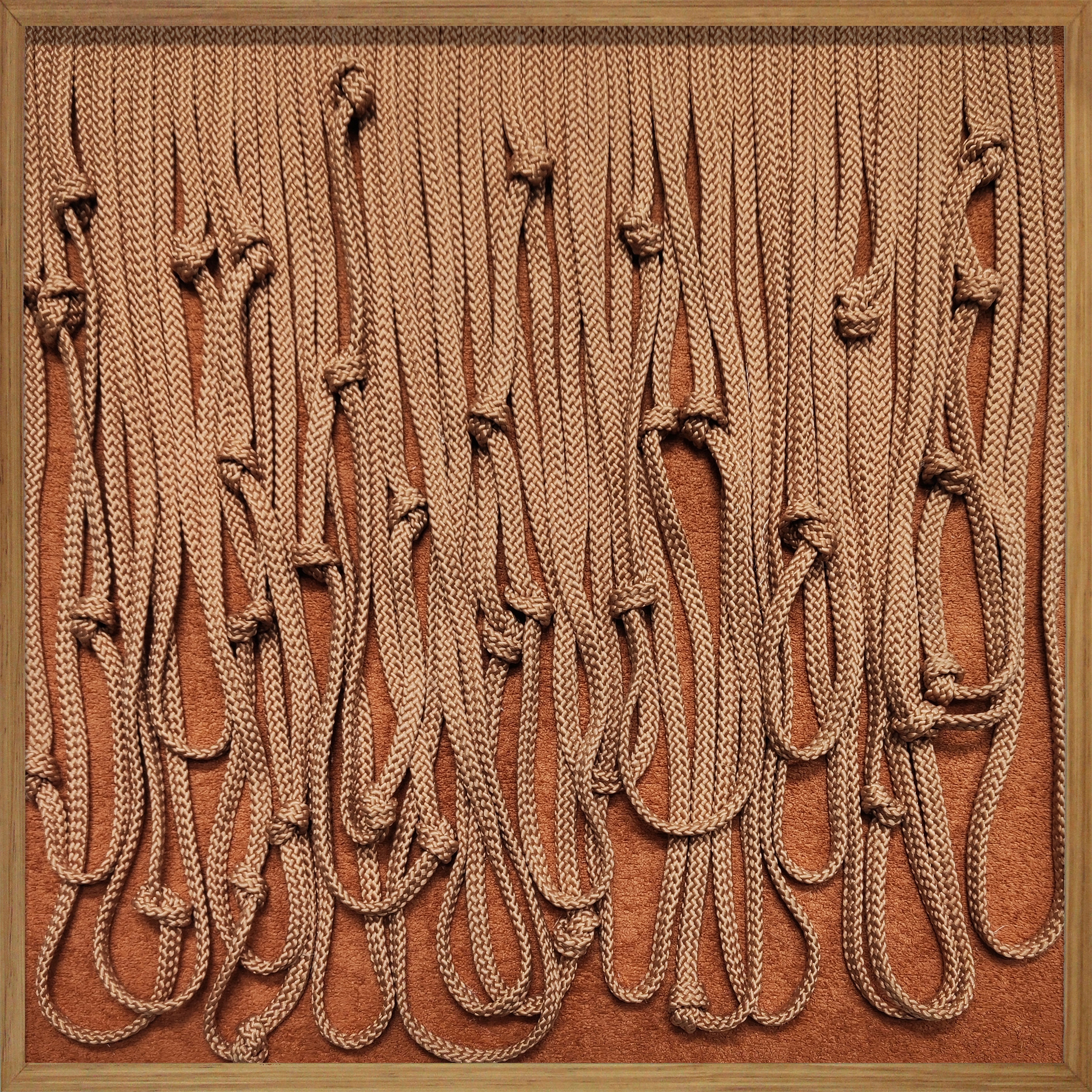 Cuadro Vilá Decoración con marco de madera y fondo de tela color marrón con diseño de cuerdas decorativas.