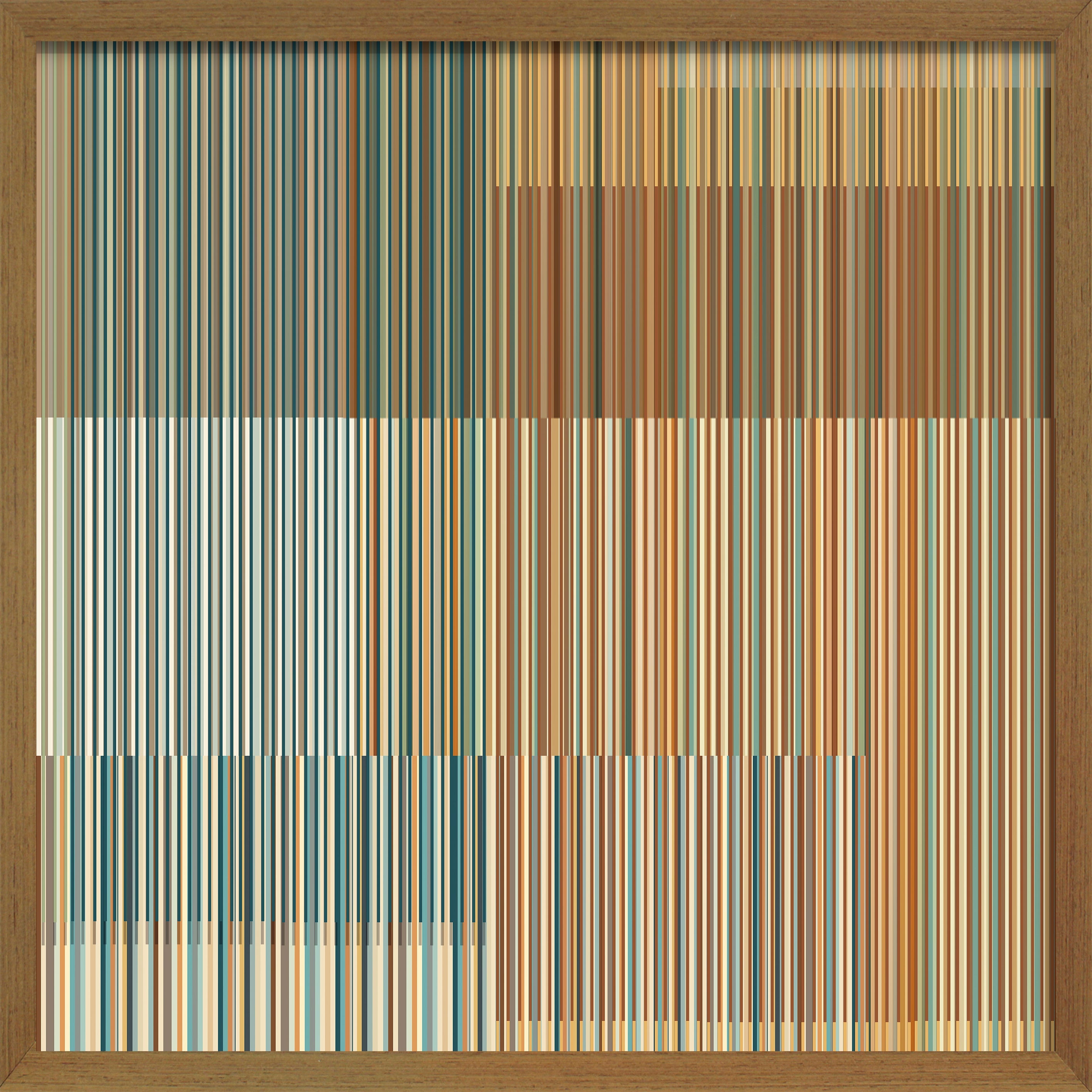 Cuadro de Vilá Decoración con marco de madera y diseño abstracto de líneas verticales en tonos marrones, azules y beige sobre papel.