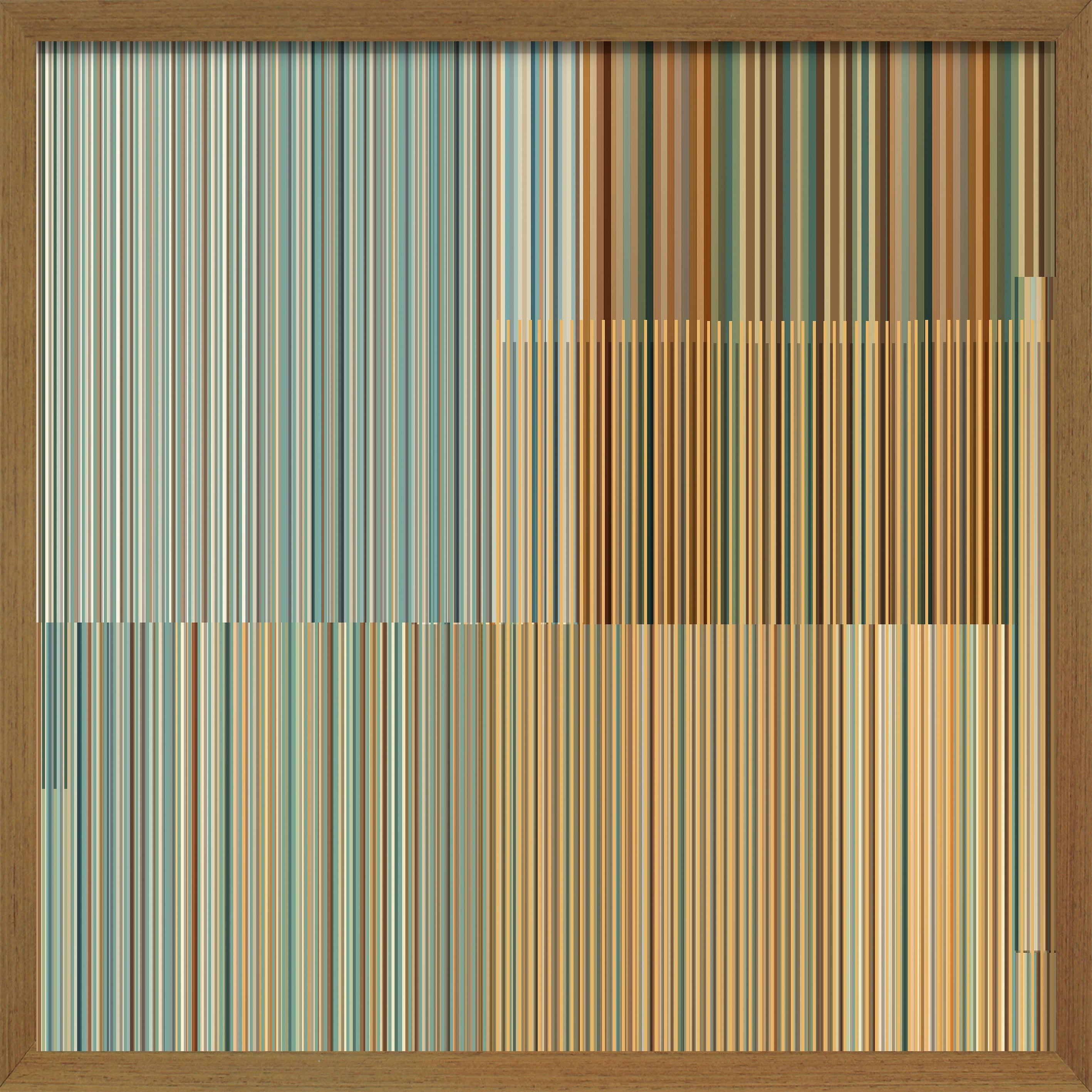 Cuadro de Vilá Decoración con diseño de líneas verticales en tonos beige, azul y marrón, con marco de madera.