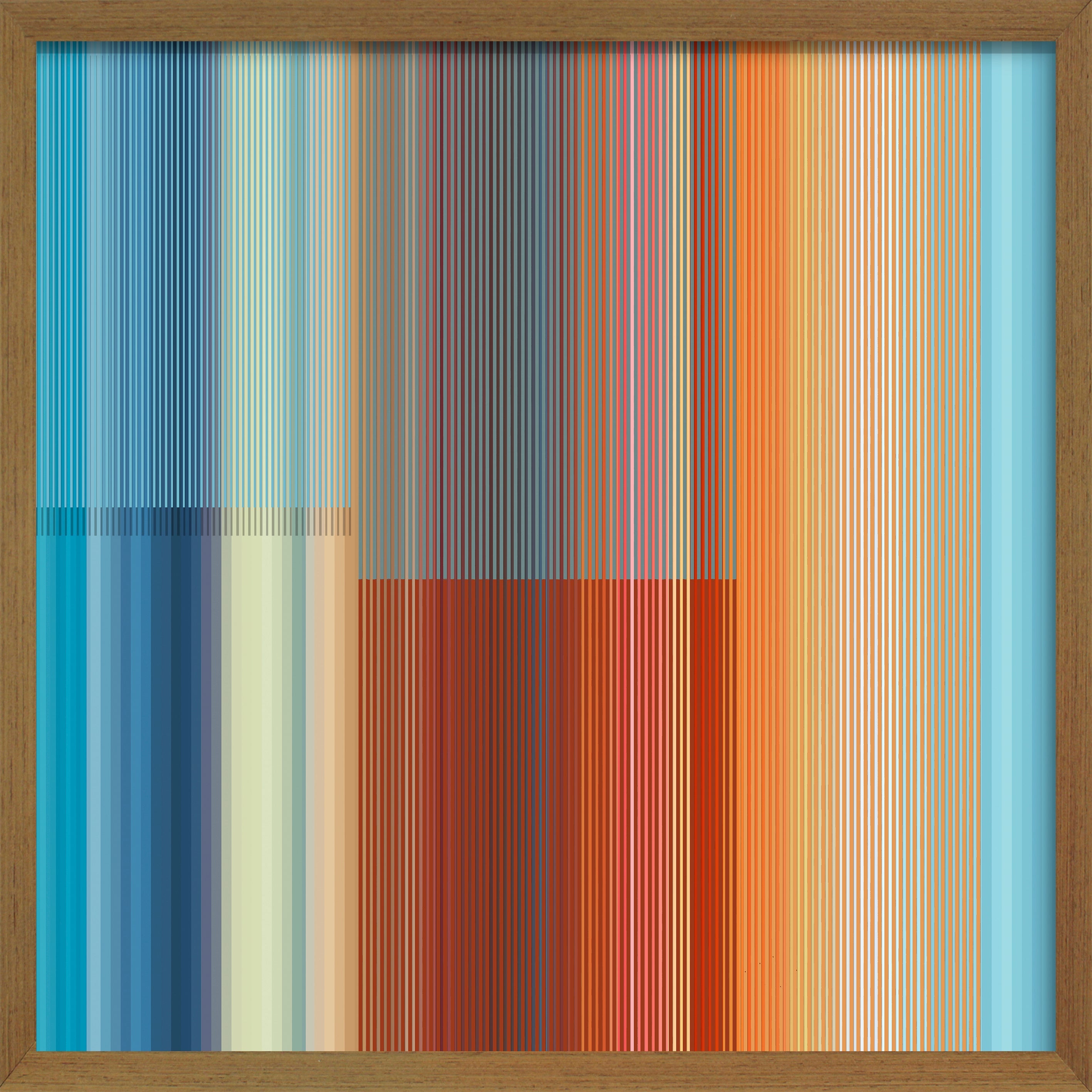 Cuadro de Vilá Decoración con diseño abstracto de líneas verticales en tonos azules, naranjas y grises, con marco de madera.