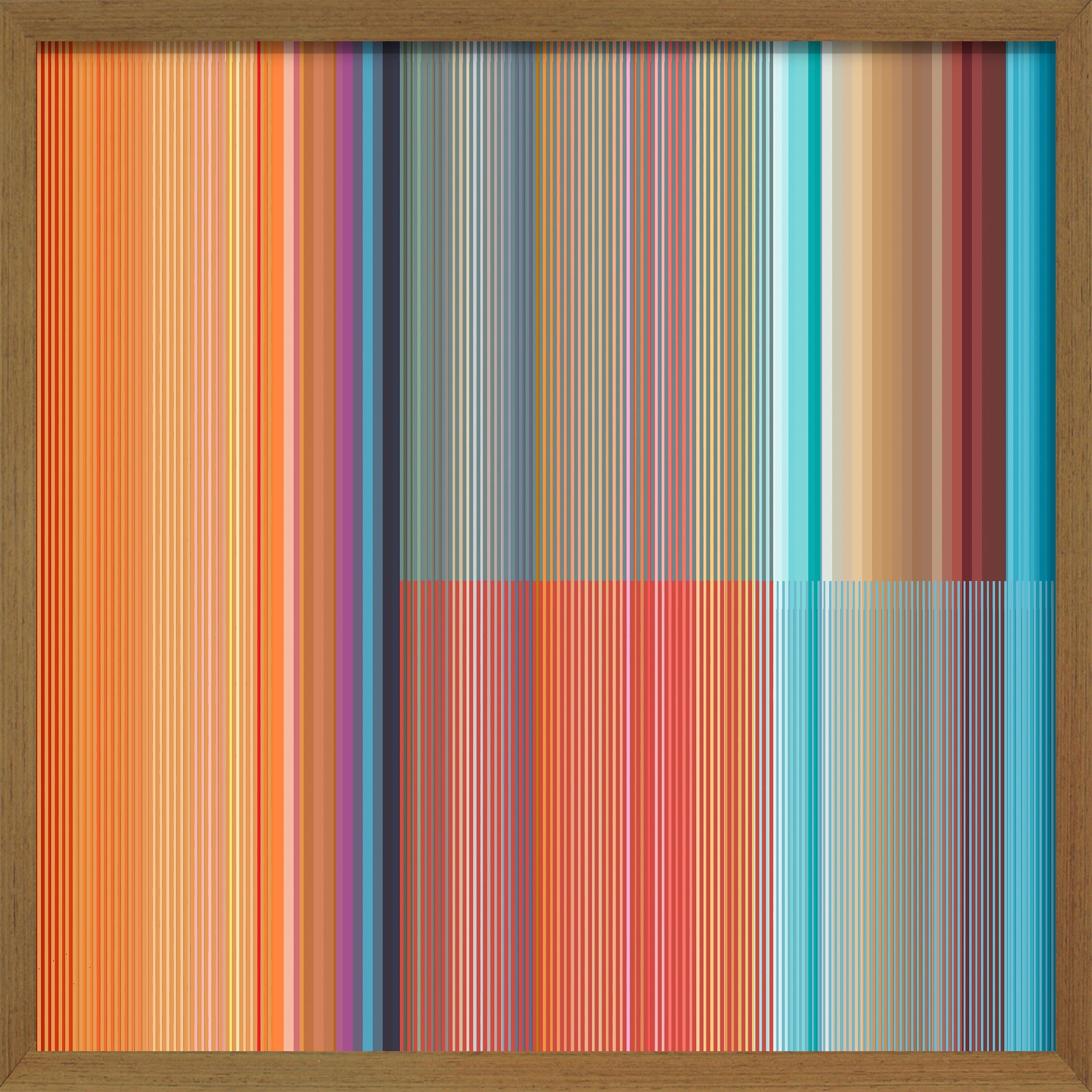 Cuadro de Vilá Decoración con diseño abstracto de líneas verticales en tonos naranja, azul y marrón, con marco de madera.