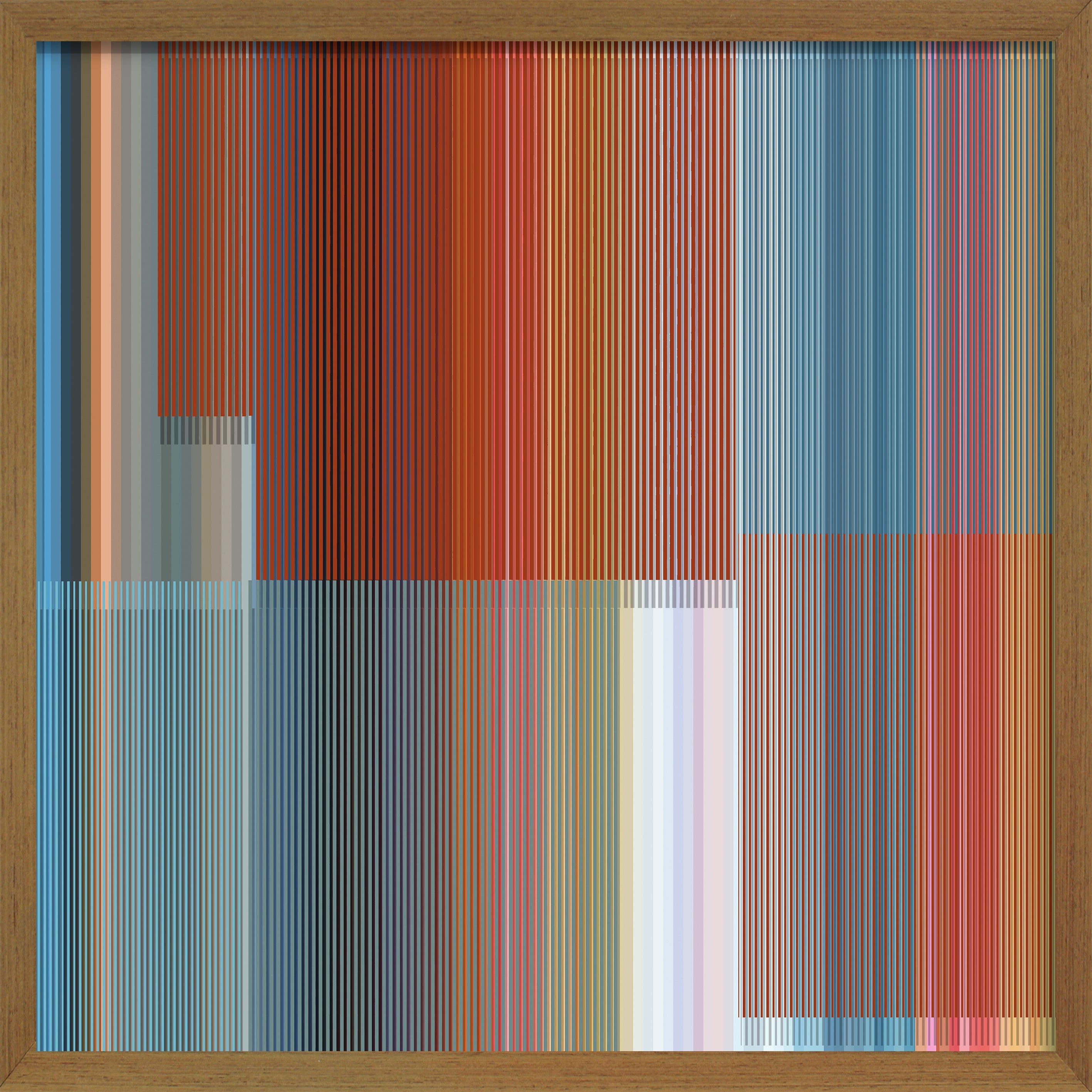 Cuadro de Vilá Decoración con diseño abstracto de líneas verticales en tonos azules, rojos y neutros, enmarcado en madera.