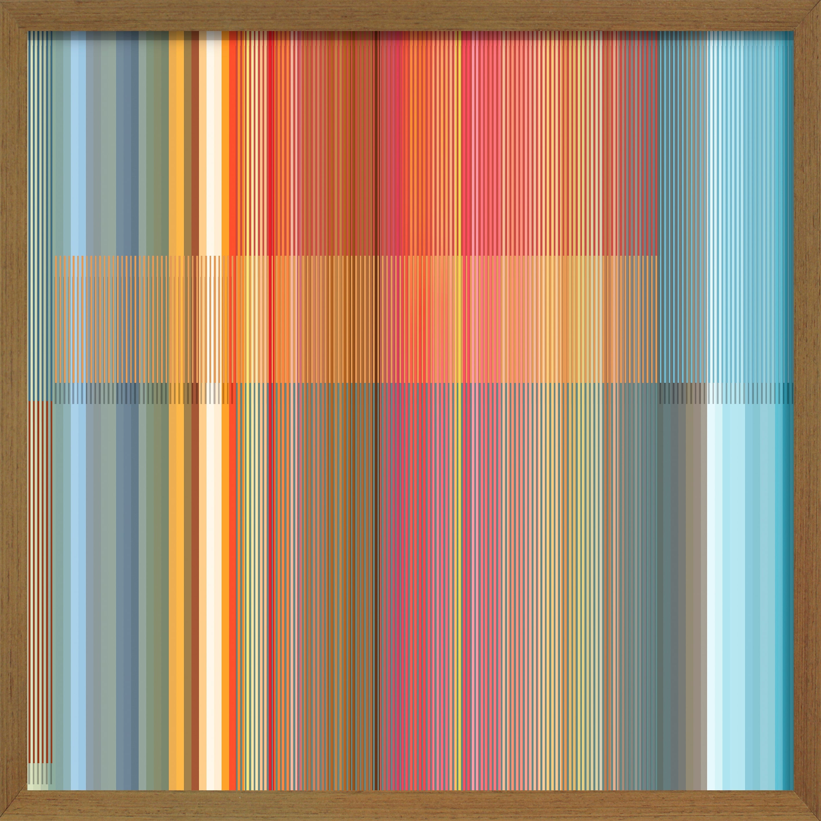 Cuadro de Vilá Decoración con marco de madera y diseño abstracto de líneas verticales en tonos azules, grises, naranjas y rojos sobre papel.