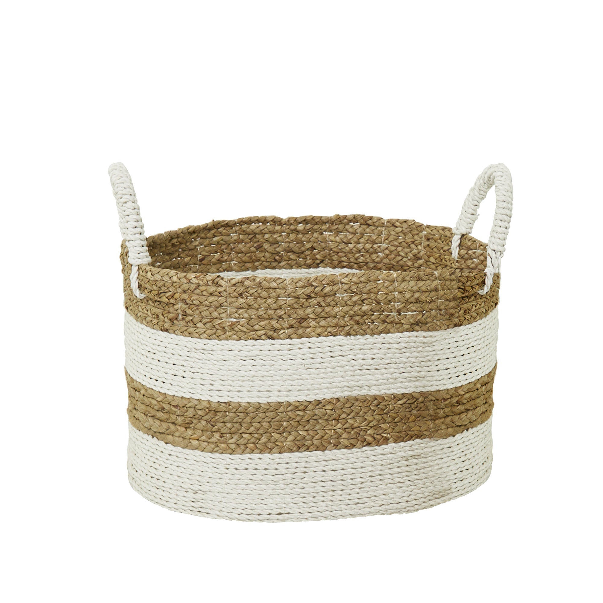 Canasta tejida grande beige y blanca con asas - Vilá Decoración - Muebles y decoración en Medellín y Colombia