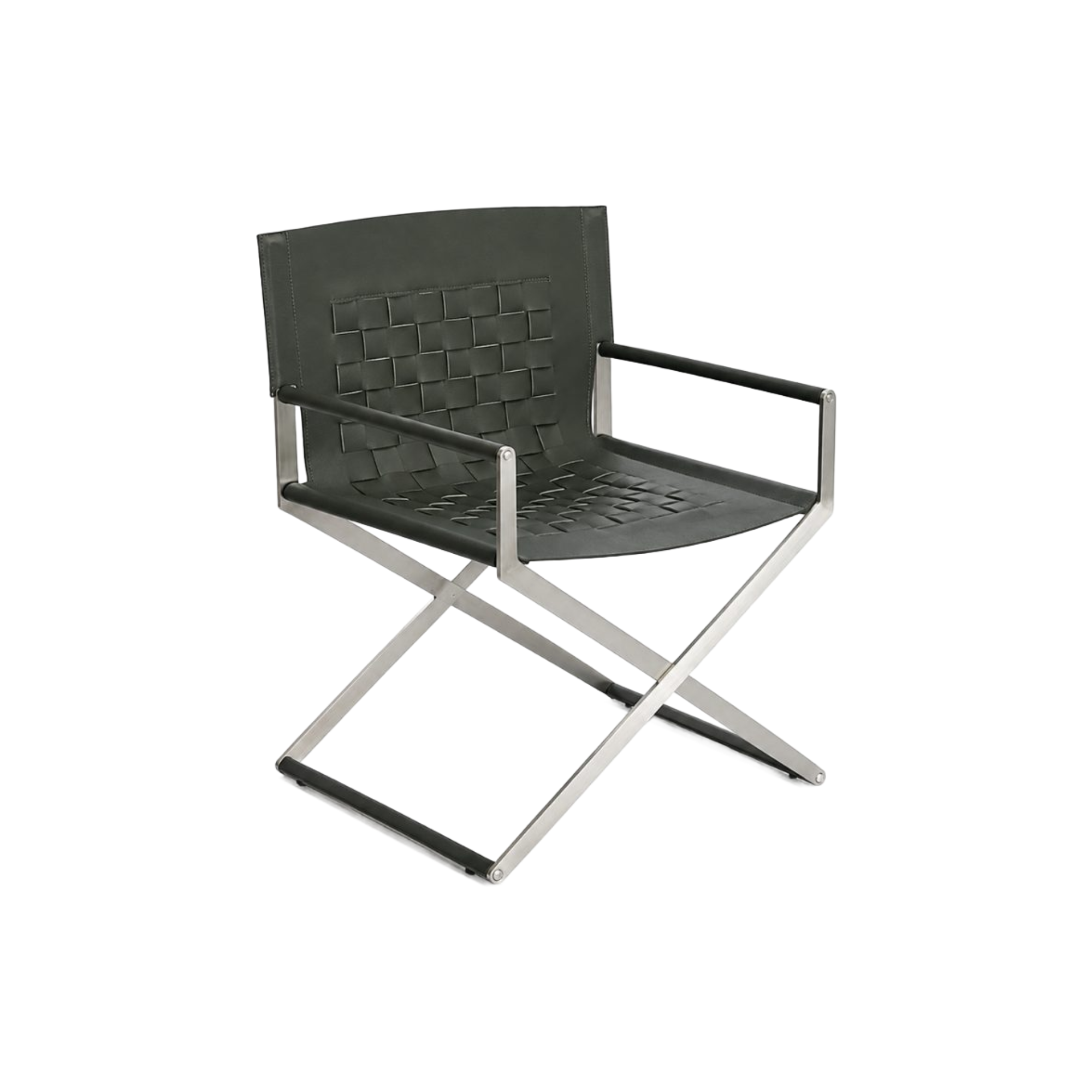 Silla de director plegable de lujo en cuero trenzado gris oscuro con estructura metálica plateada.