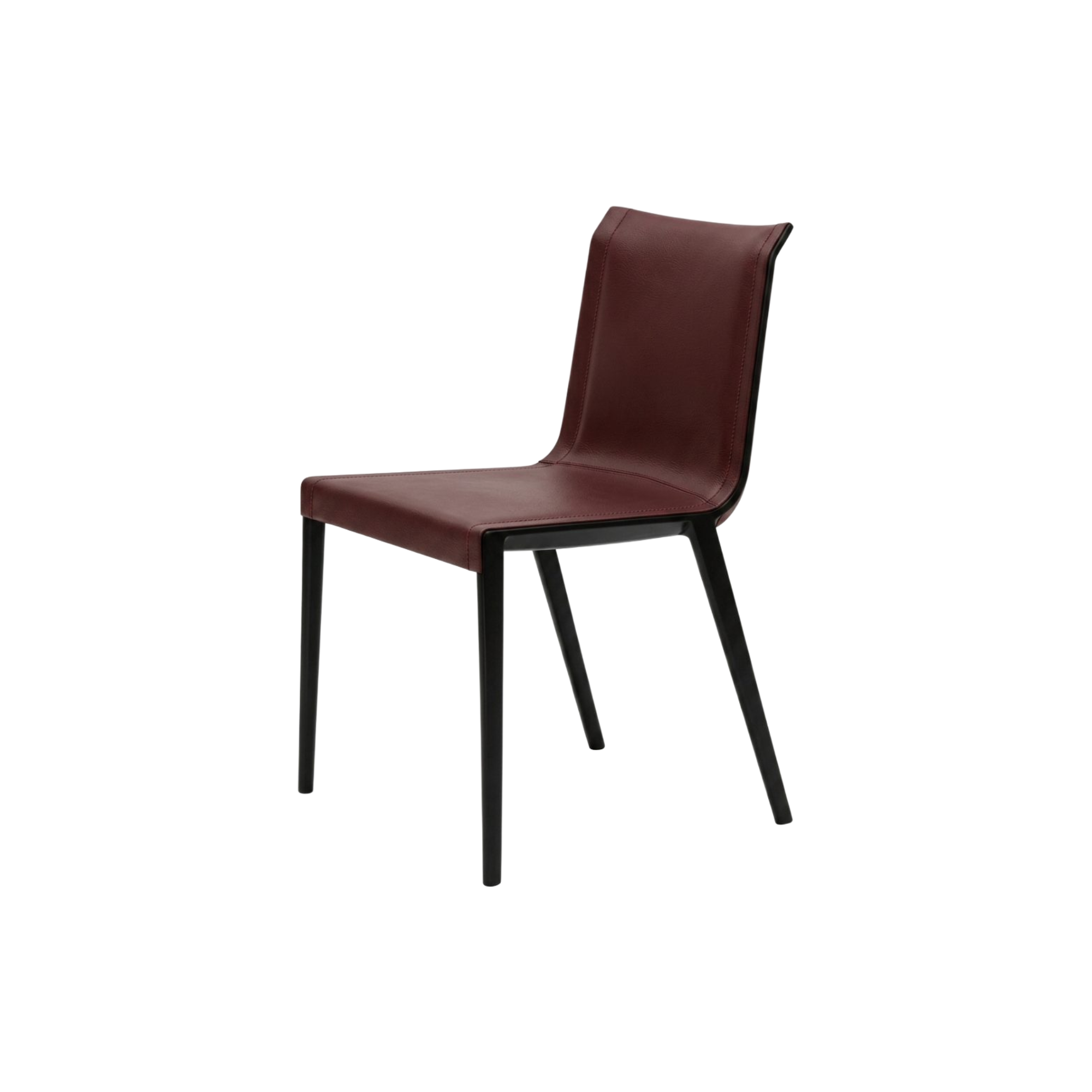 Silla de comedor moderna con tapizado en eco-cuero color vino tinto y estructura metálica negra.