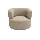 Poltrona redonda y curvada, totalmente tapizada en tela beige. Sillón de diseño envolvente para máximo confort.