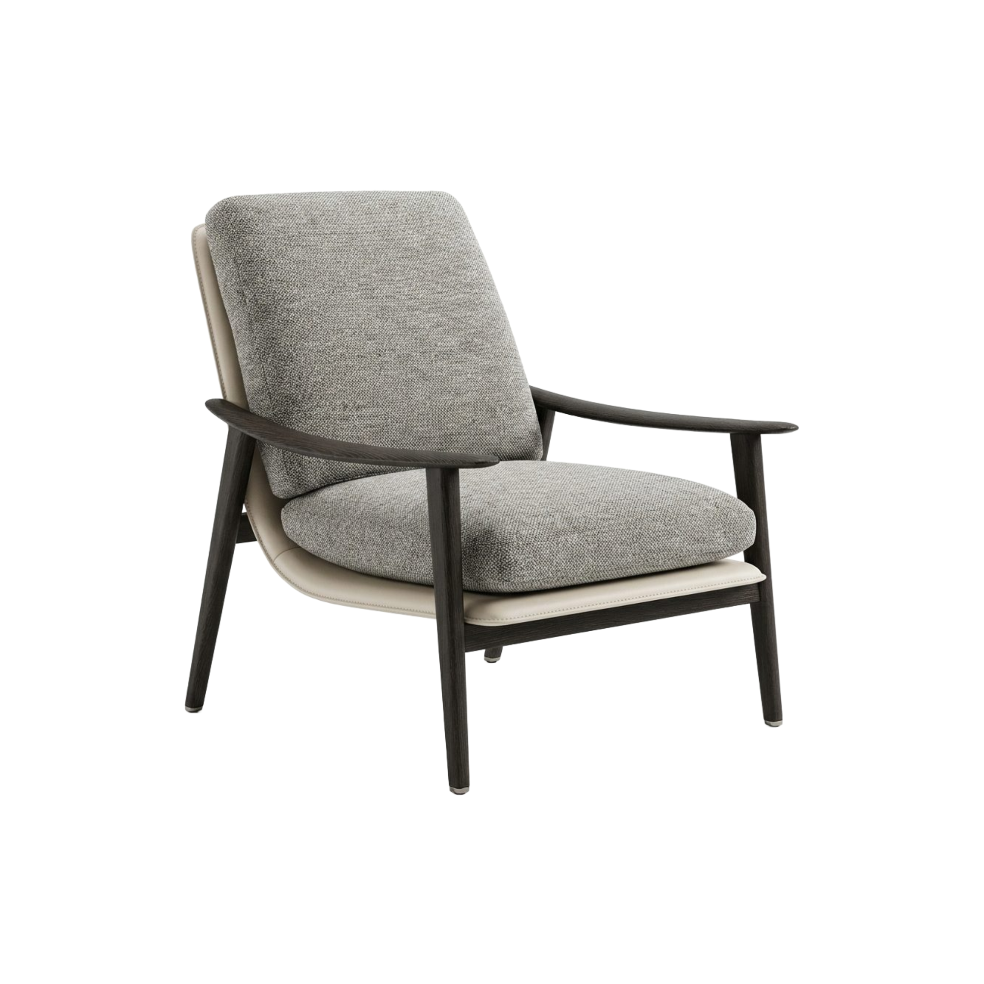 Poltrona de diseño moderno con estructura de madera oscura, tapicería beige y cojines grises texturizados.