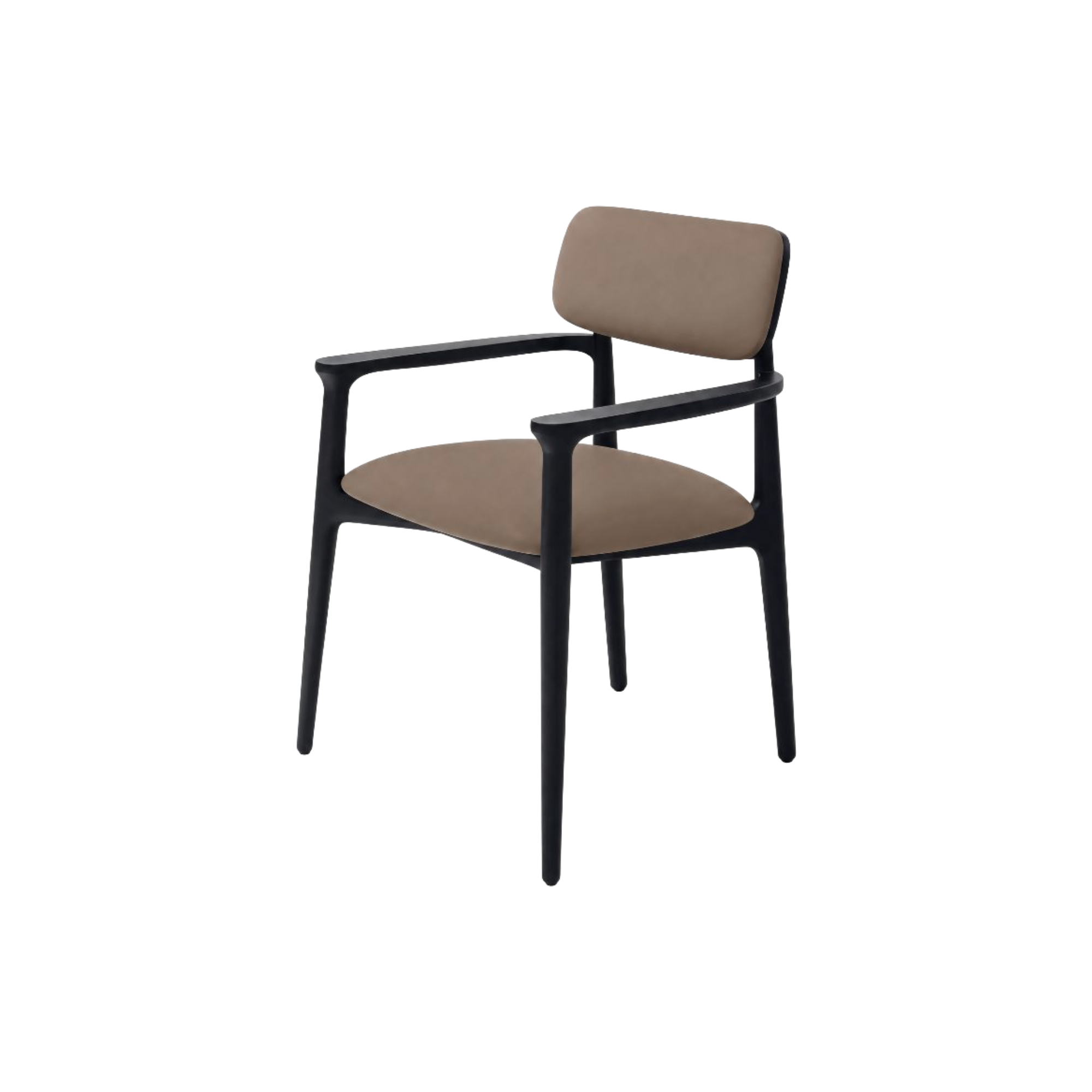 Silla de diseño moderna con brazos, tapizada en tono beige y estructura oscura, ideal para comedor o estudio.
