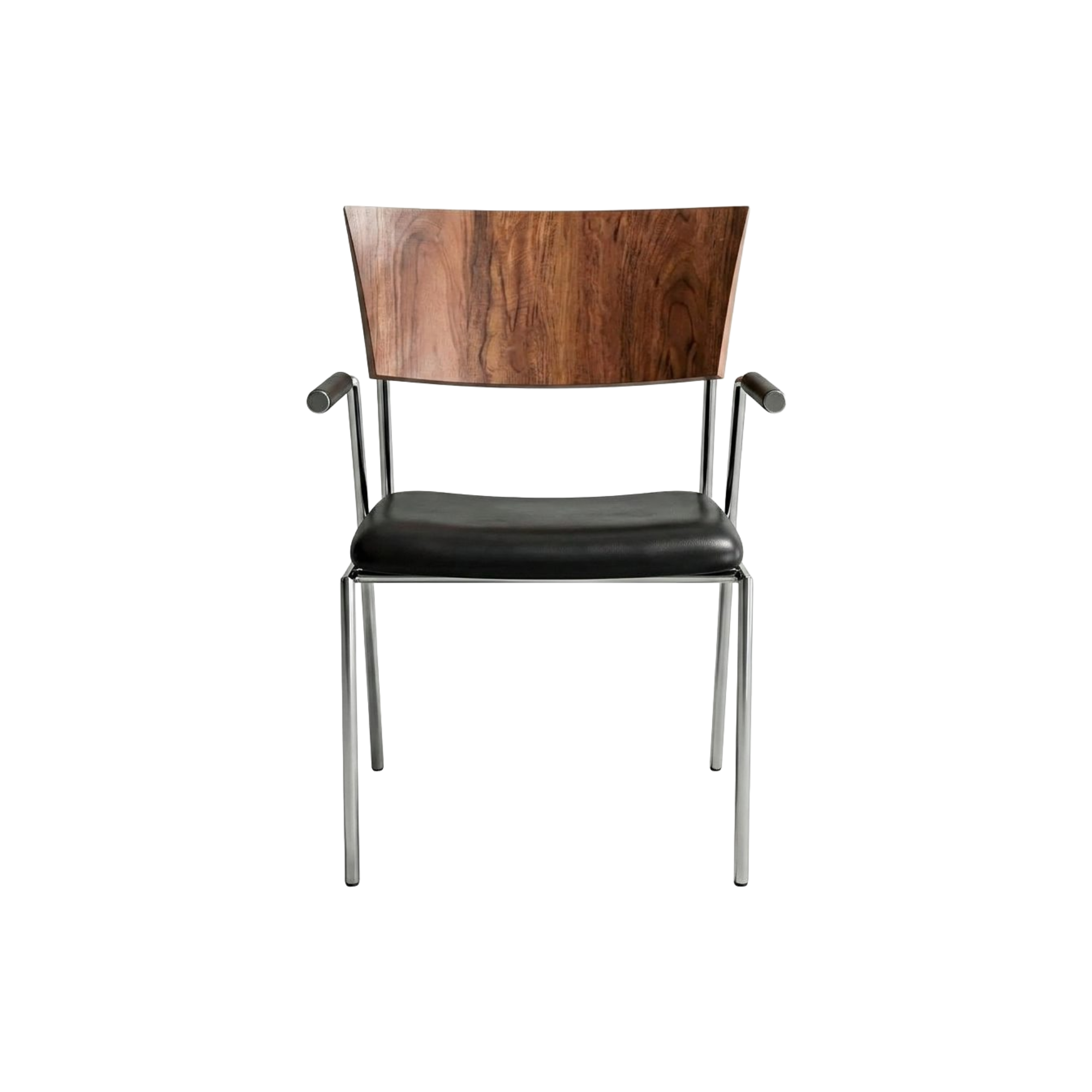Silla elegante para comedor con brazos, diseño contemporáneo, asiento de cuero negro y estructura metálica.
