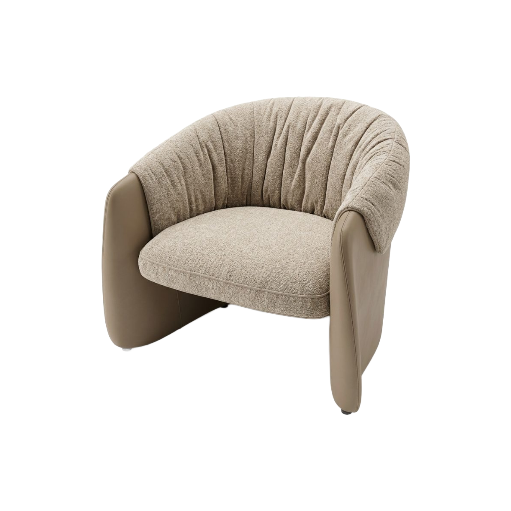 Poltrona de diseño curvo en tela texturizada beige y base taupe para sala de estar lujosa.