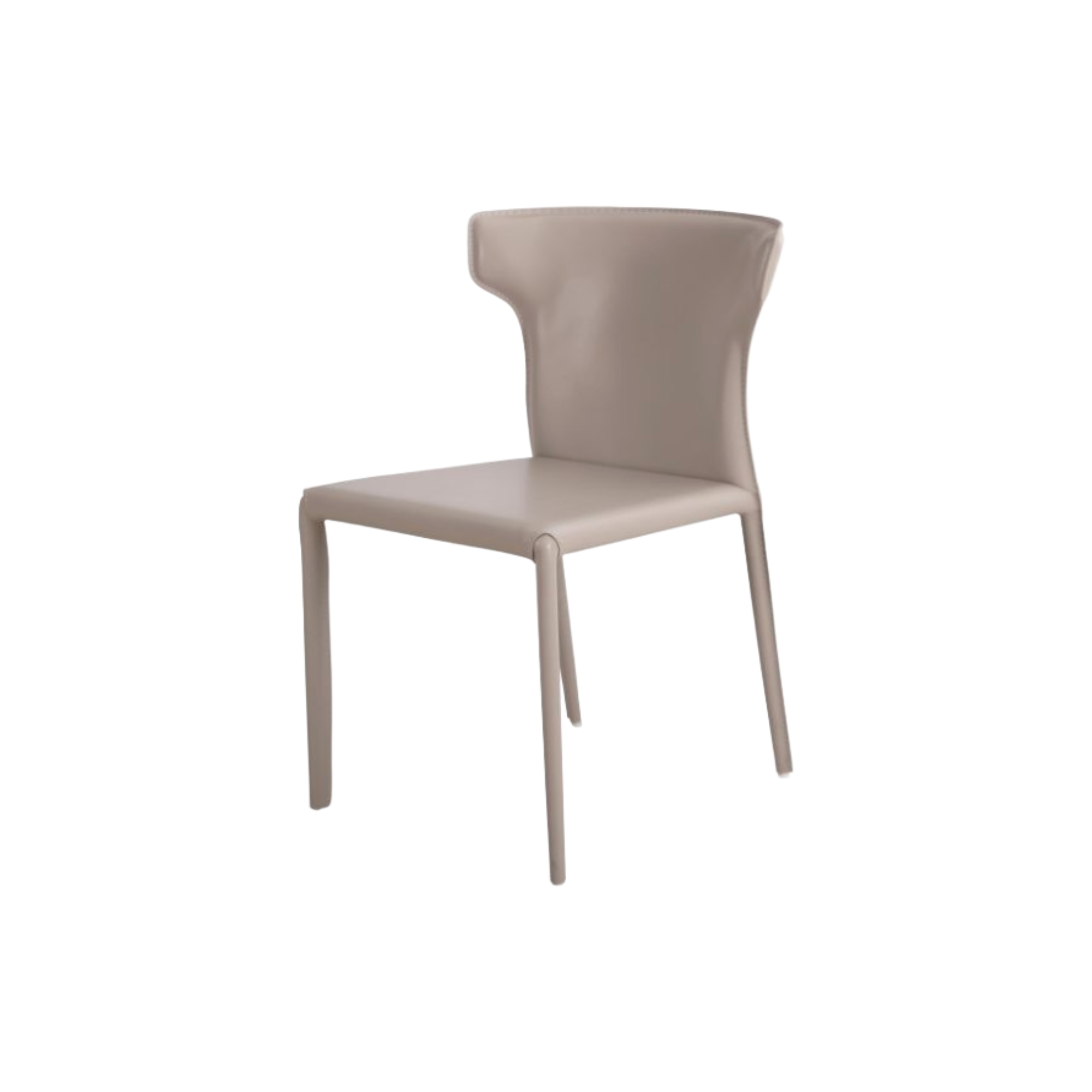 Silla de comedor moderna tapizada color beige topo con respaldo ergonómico y patas delgadas metálicas.