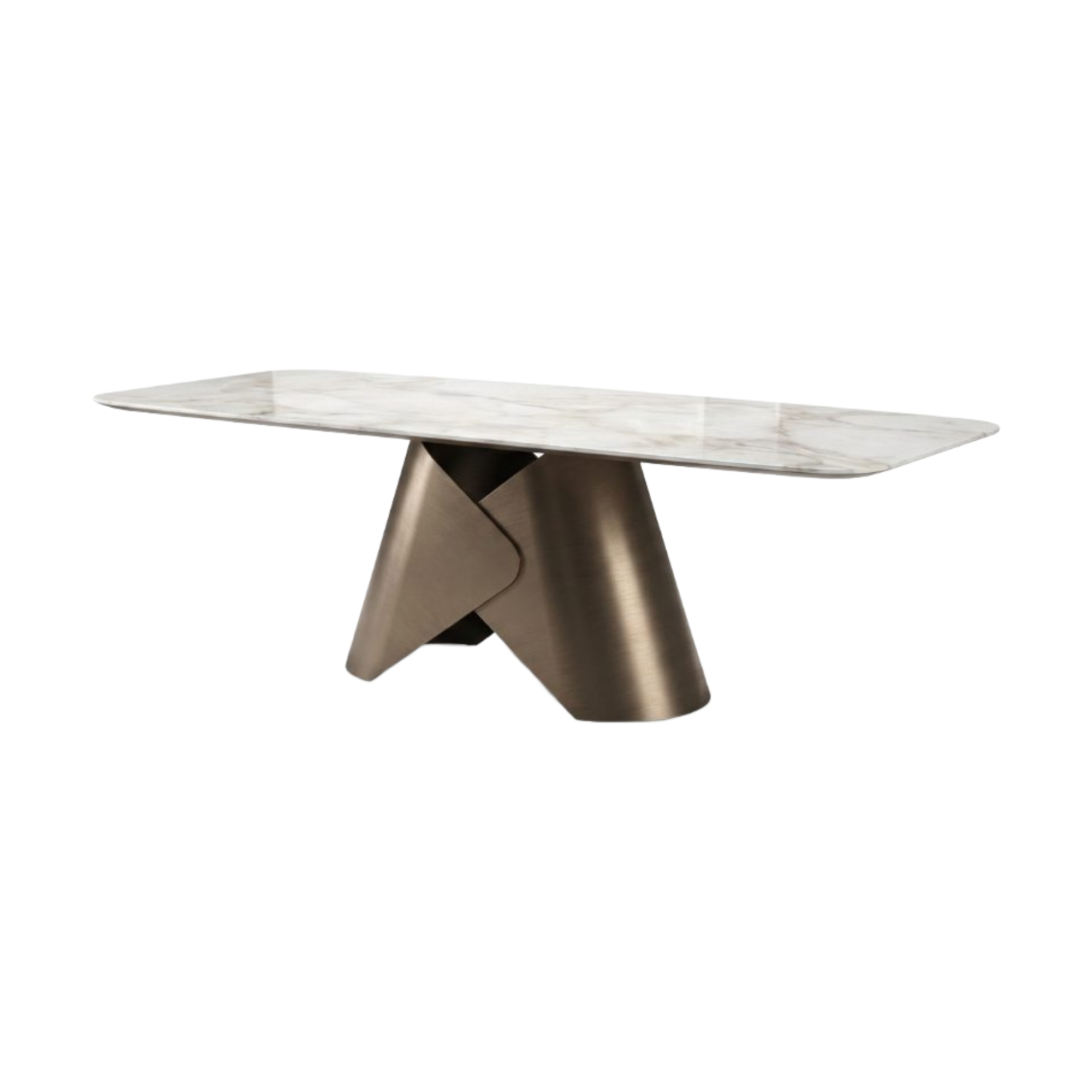 Mesa de comedor de mármol blanco veteado con base escultórica metálica en tono bronce, diseño moderno y lujoso.