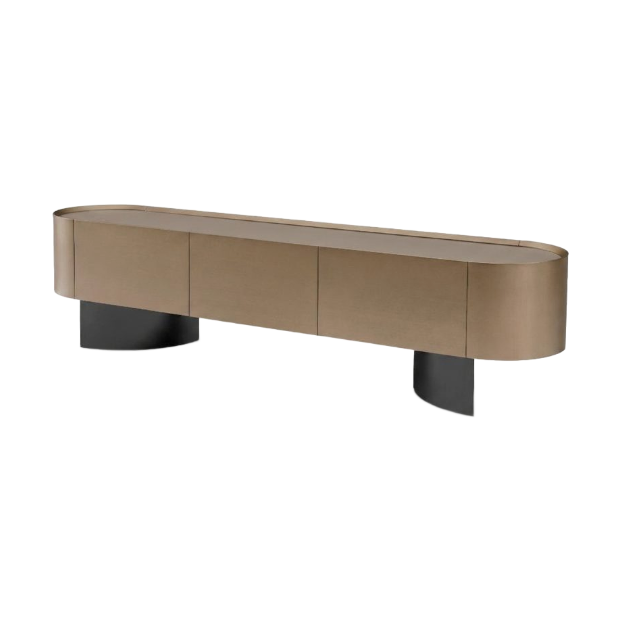 Consola de TV moderna de lujo, acabado bronce mate, diseño curvo con bases oscuras y tres cajones.