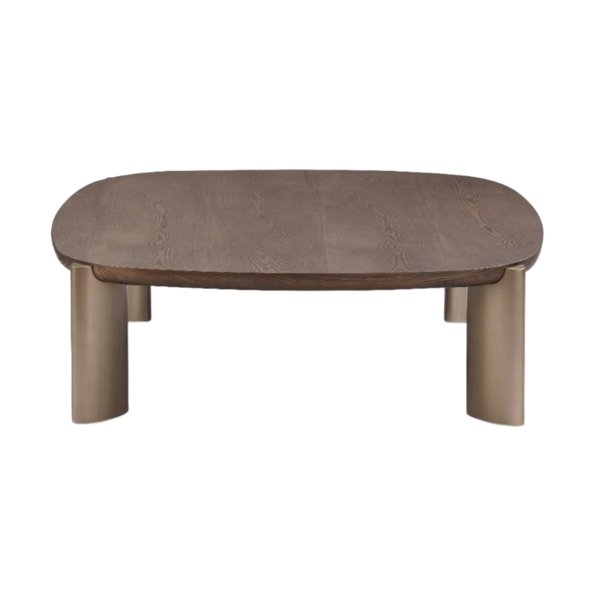 Mesa de centro auxiliar moderna con diseño ovalado de madera y patas metálicas de acabado satinado.