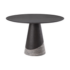 Mesa de comedor redonda de diseño, madera oscura y base cónica de madera y piedra, estilo moderno.