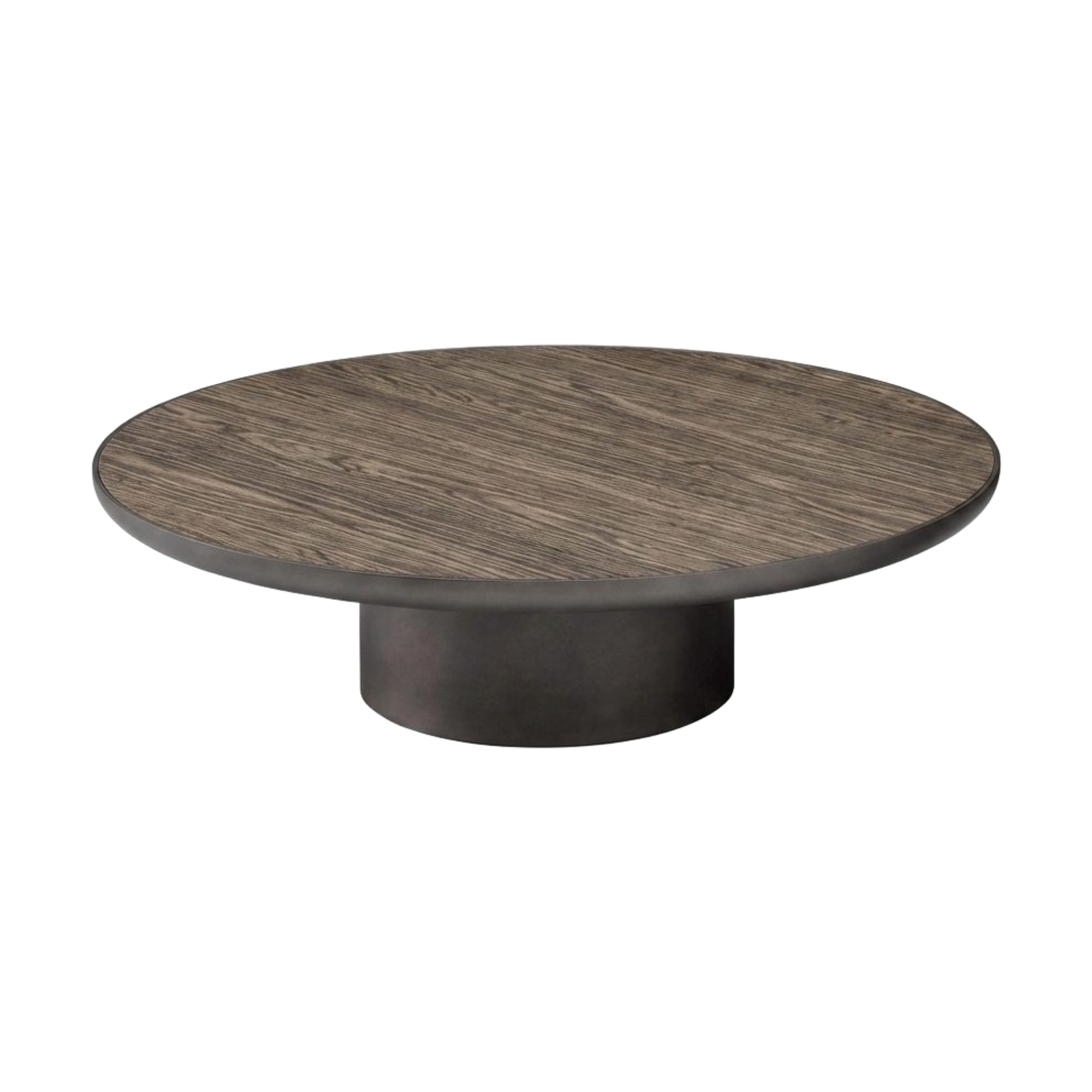 Mesa de centro redonda de madera oscura con veta natural y base cilíndrica en acabado grafito.