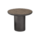 Mesa auxiliar de sala redonda con tapa de madera oscura veteada y base cilíndrica moderna.