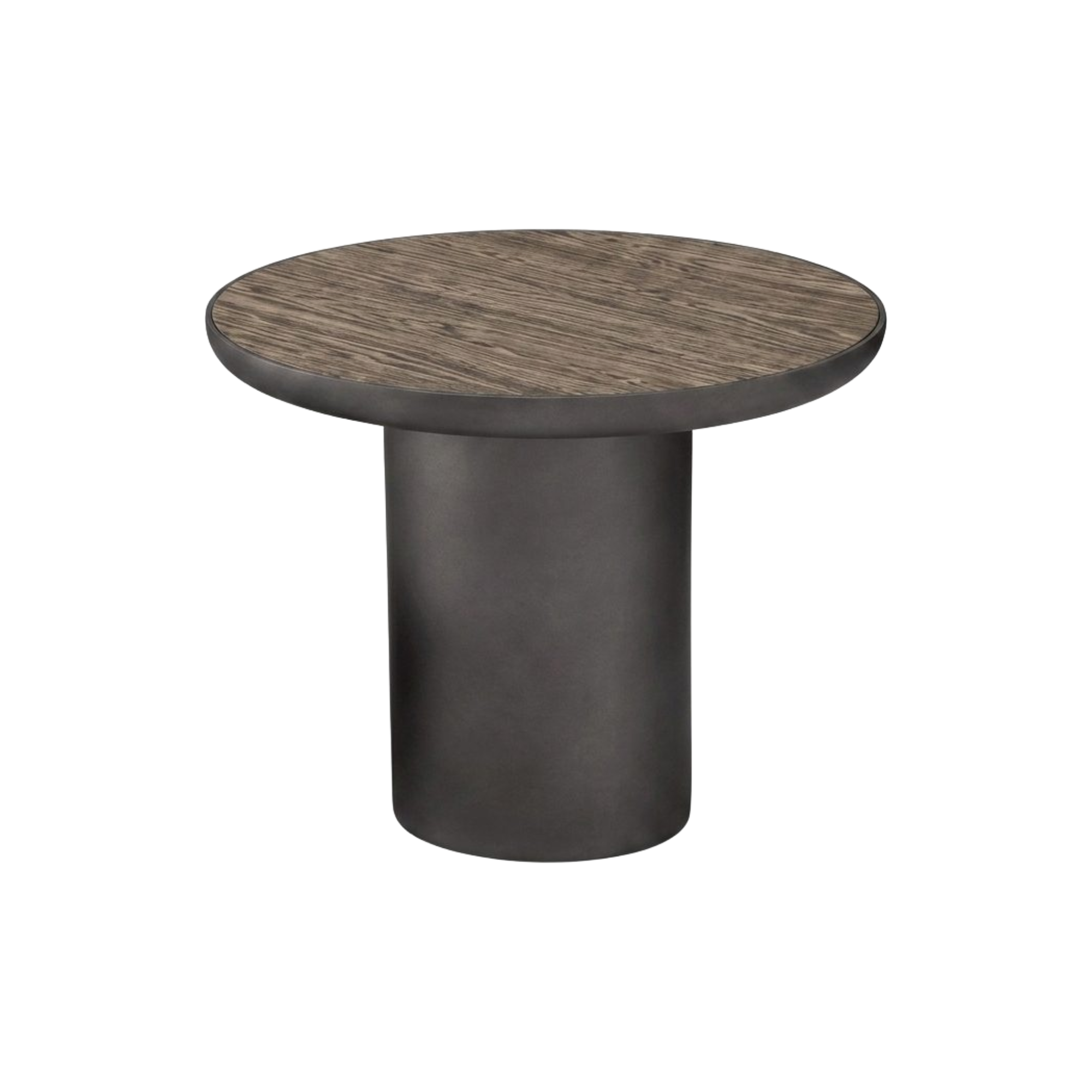 Mesa auxiliar de sala redonda con tapa de madera oscura veteada y base cilíndrica moderna.