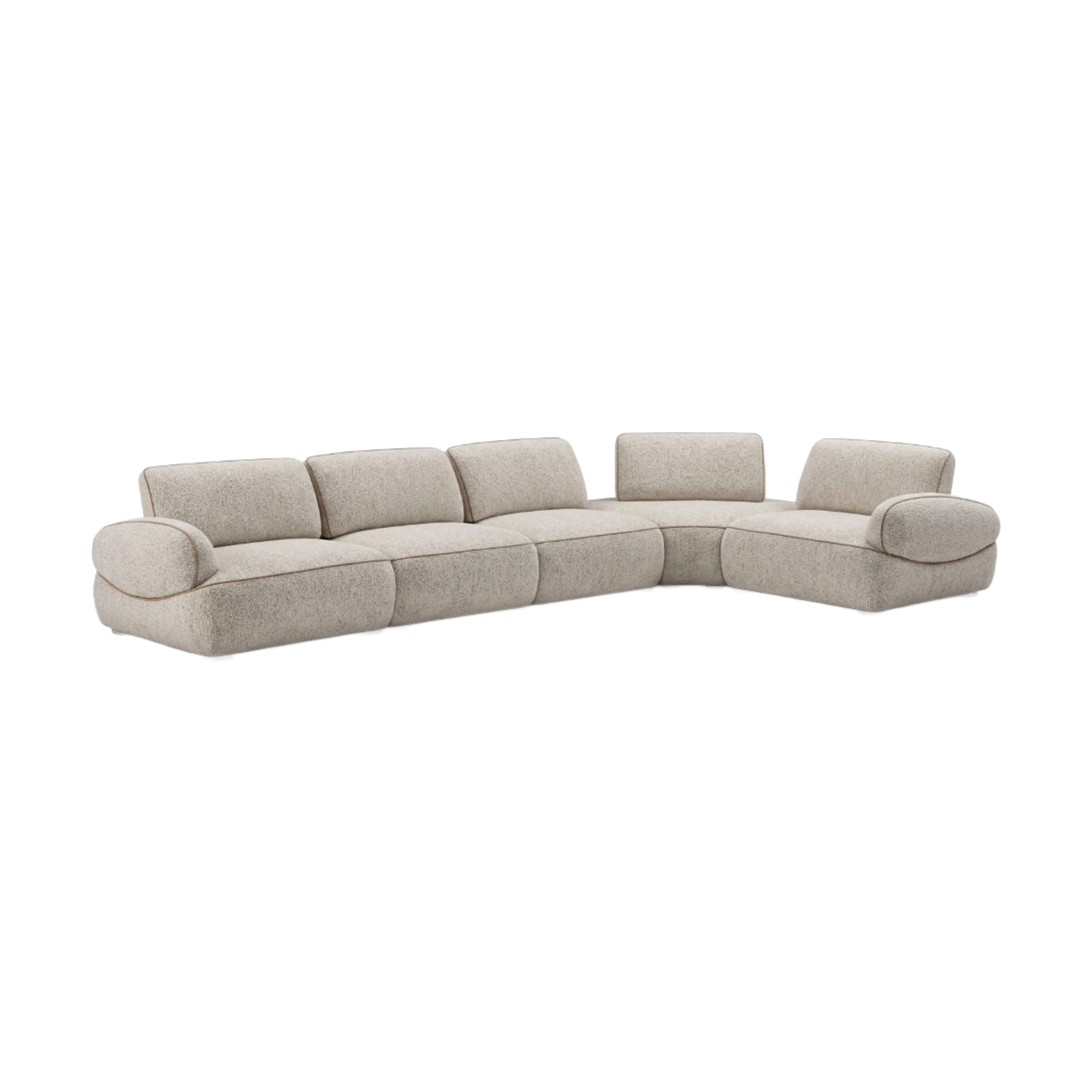 Sofá modular seccional de lujo color beige con tapizado texturizado y piping elegante.