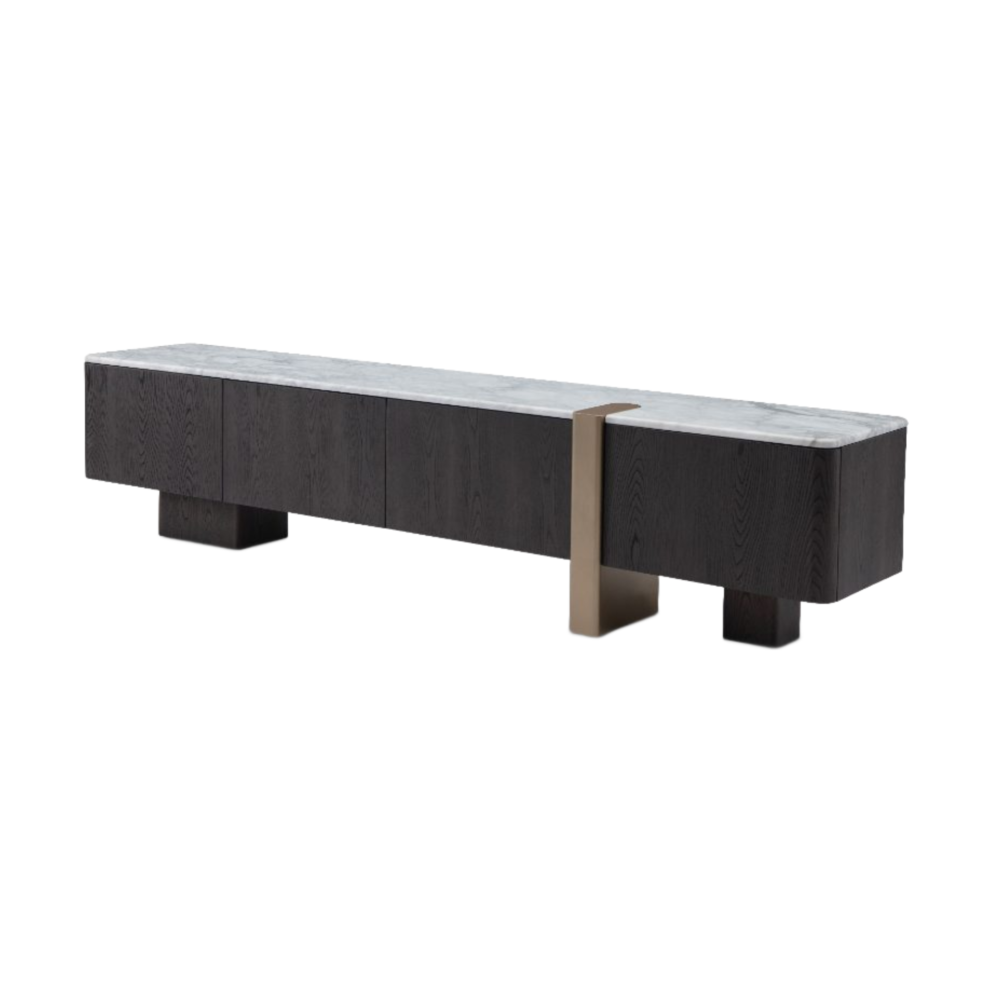 Mueble de TV de lujo moderno, mármol blanco, madera oscura, acento metálico dorado para sala de estar.