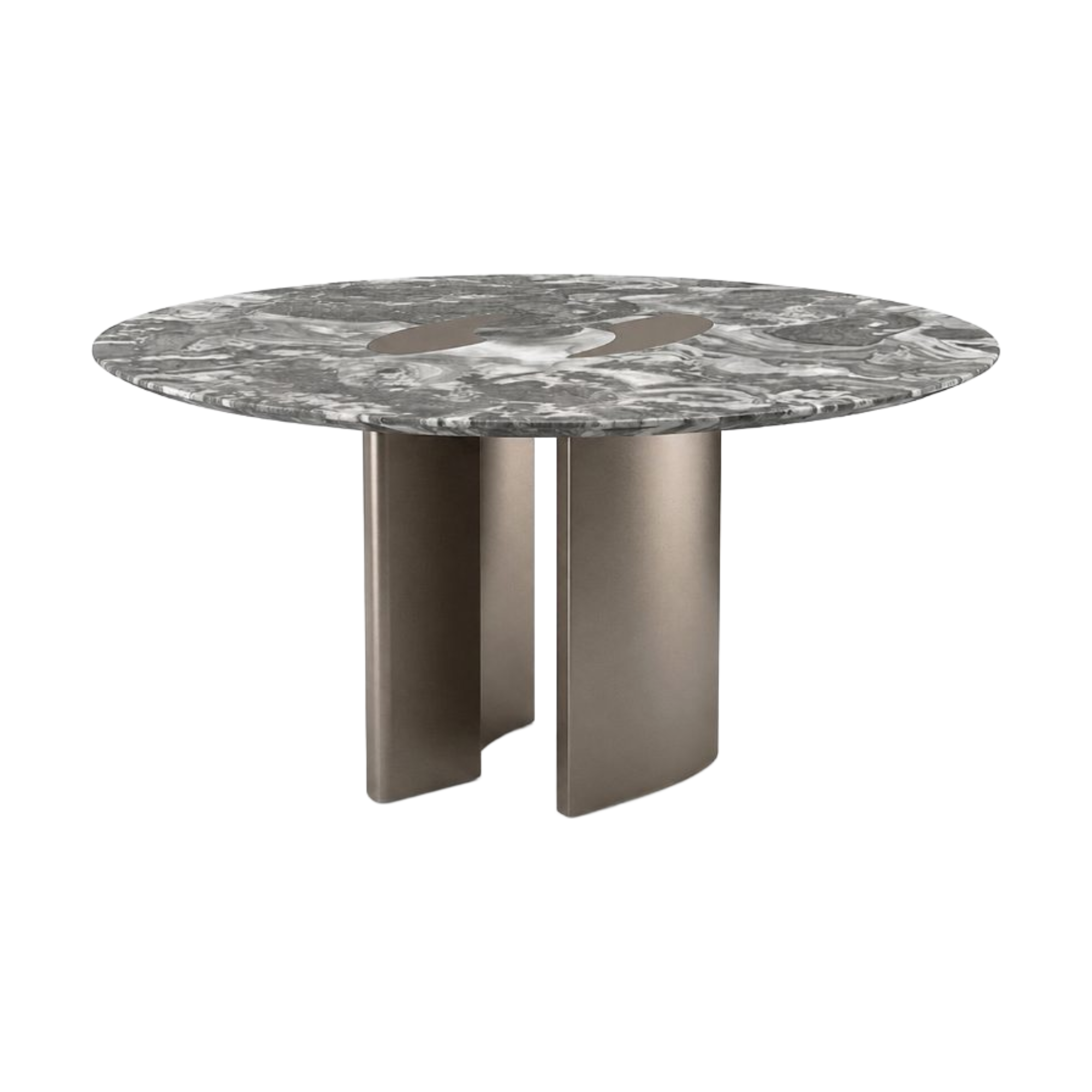 Mesa de comedor ovalada de lujo con tapa de mármol gris veteado y base doble metálica en tono bronce.