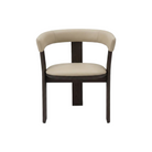 Silla de comedor de lujo con diseño curvo, tapizado en tela beige y estructura de madera oscura.