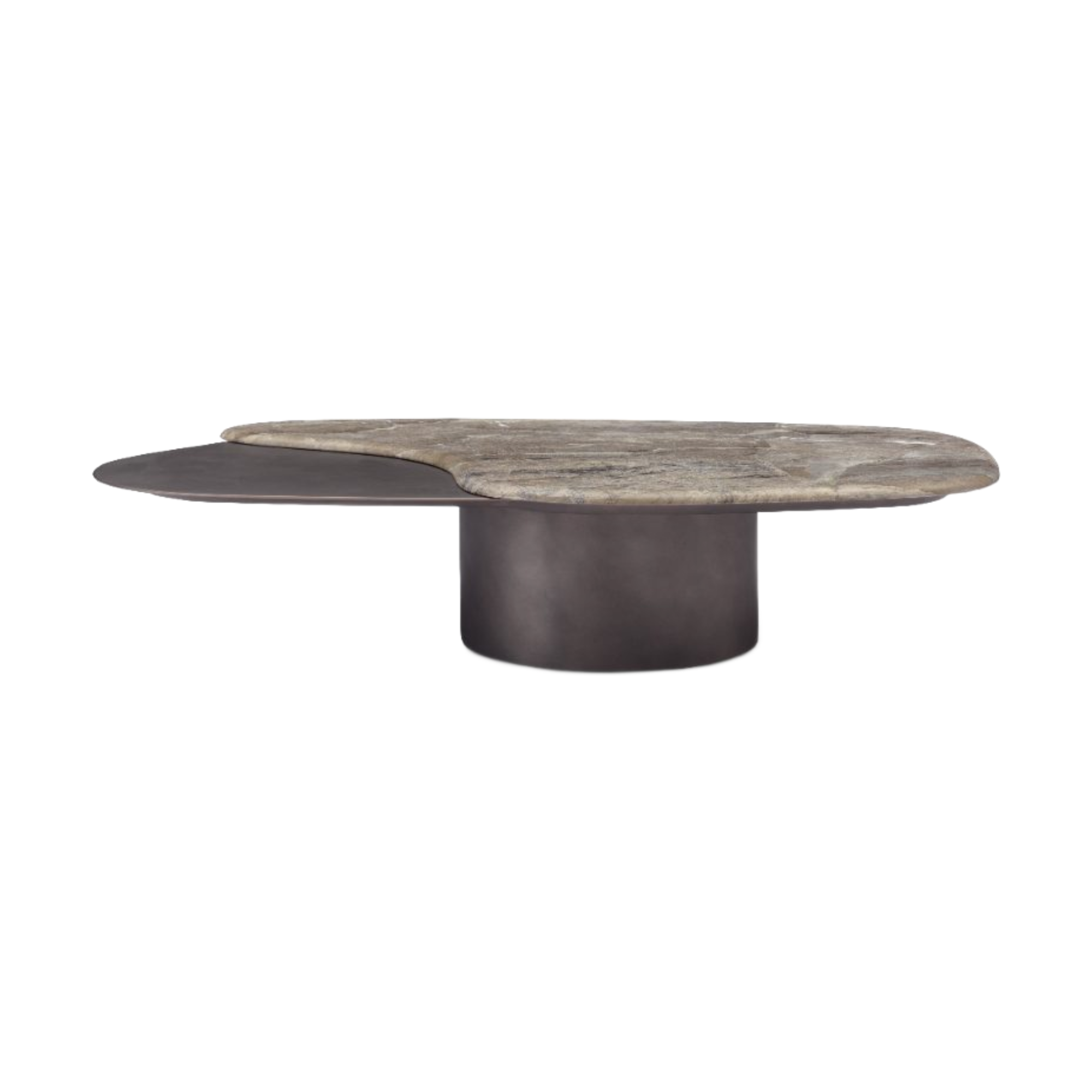 Mesa de centro de sala con diseño orgánico, superficie de piedra natural y base oscura.