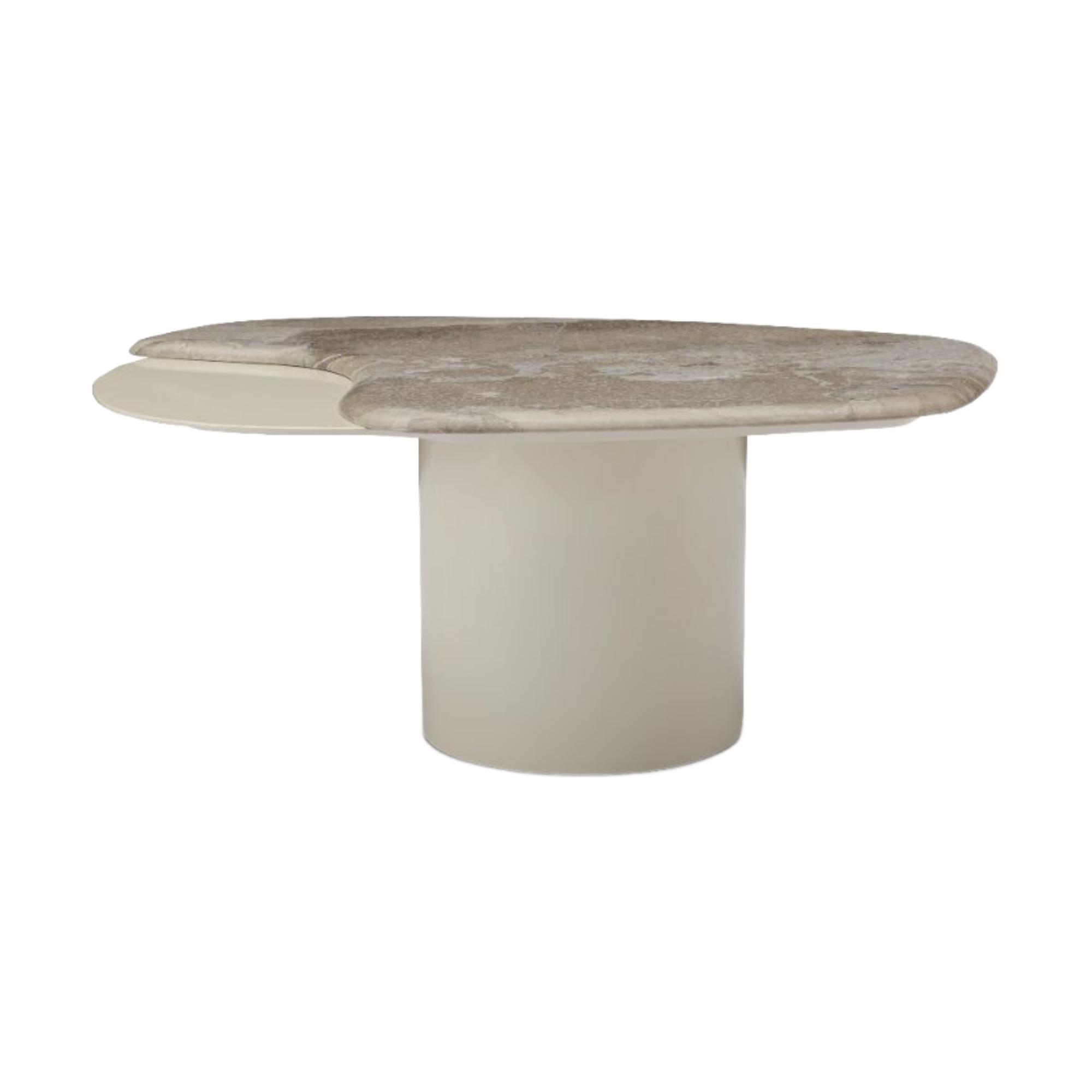 Mesa de centro de lujo con diseño orgánico en mármol beige y base pedestal color crema para sala.
