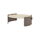 Mesa de centro redonda de lujo con superficie de travertino y base curva color taupe.