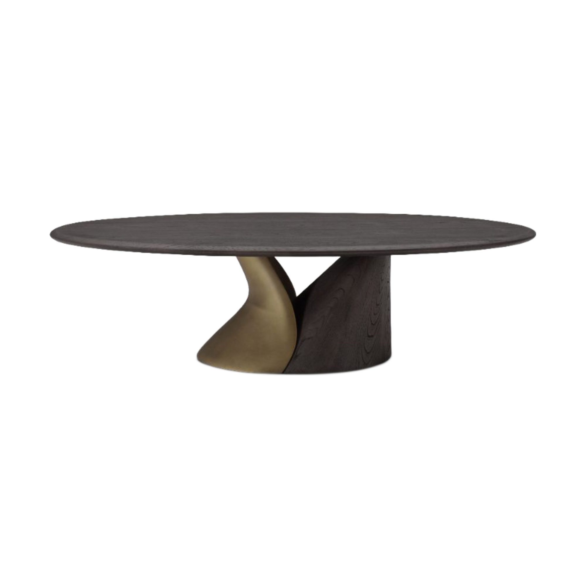 Detalle de mesa de centro moderna para sala, base entrelazada de madera veteada oscura y metal bronce.