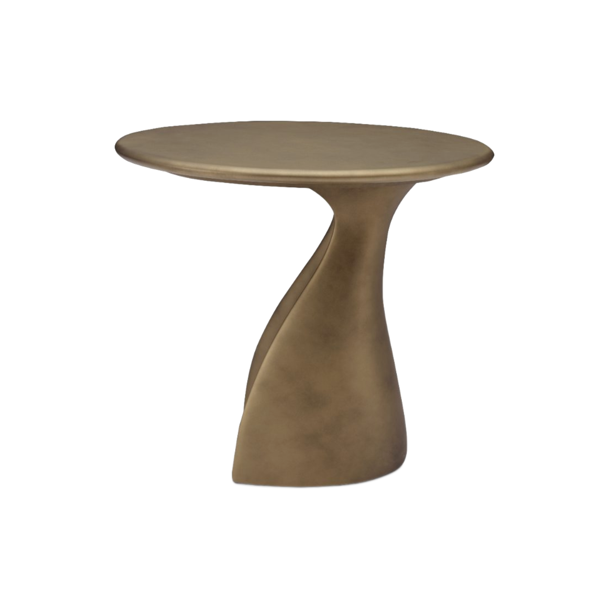 Mesa auxiliar de diseño moderno con tablero redondo y pedestal torcido en acabado metálico bronce.