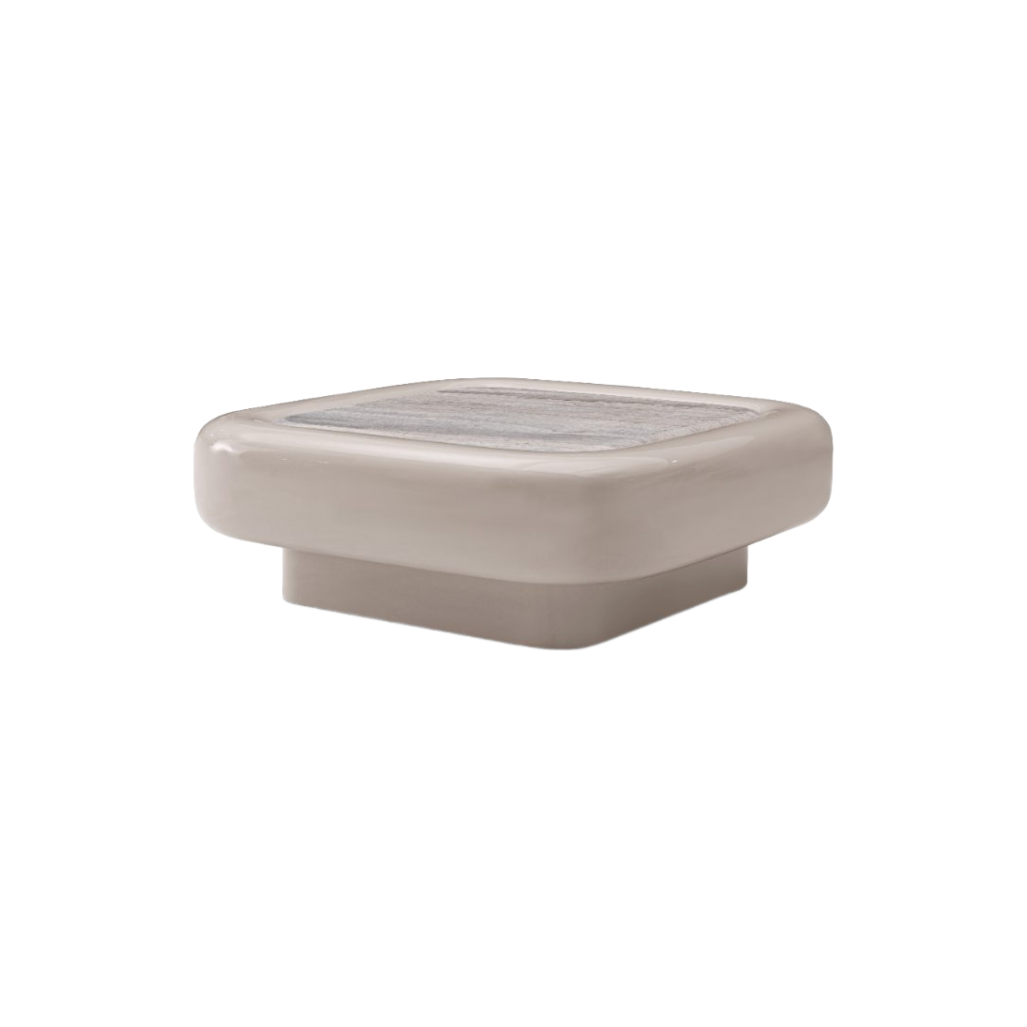 Mesa de centro cuadrada moderna con base beige brillante y superficie de piedra, vista lateral.