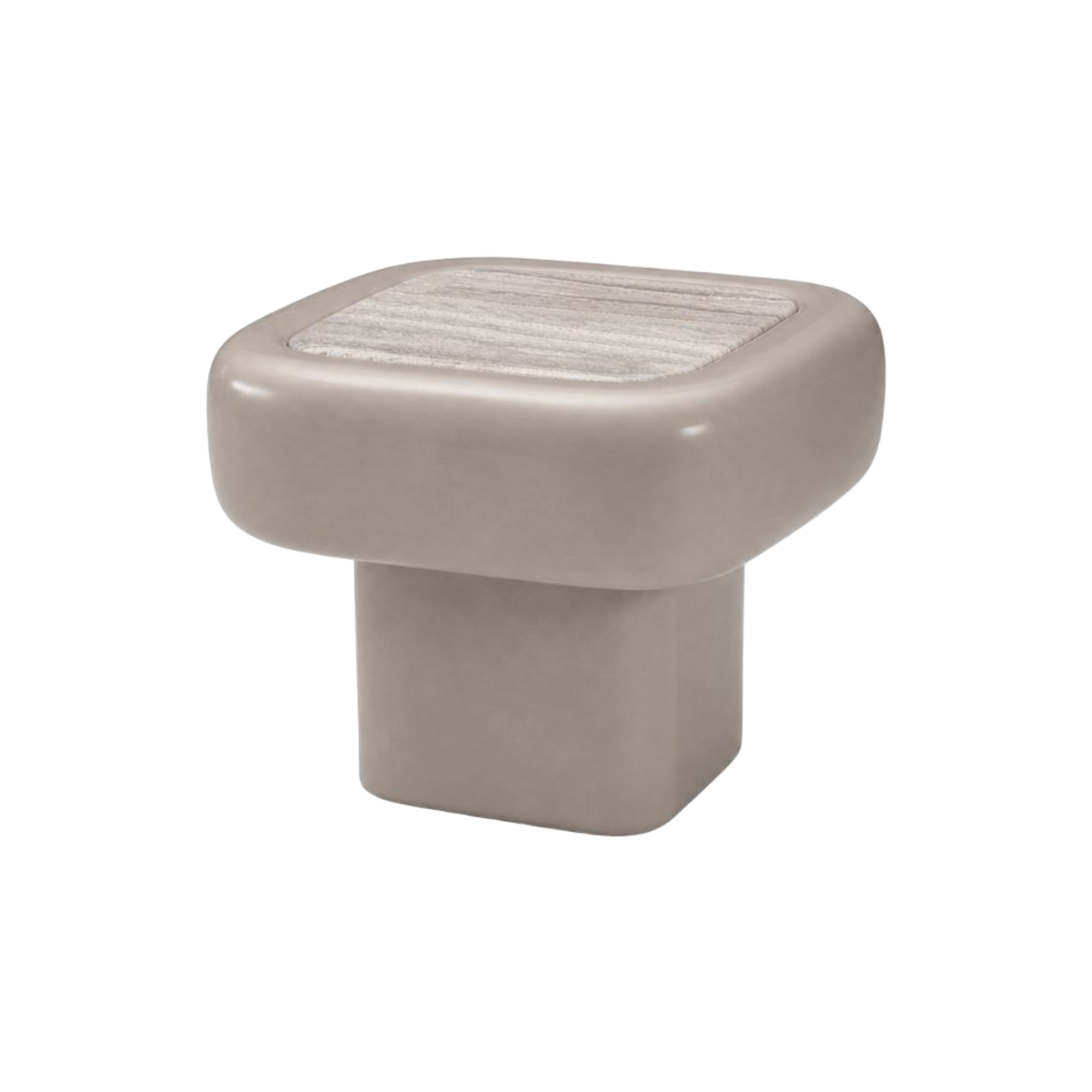 Mesa auxiliar de sala cuadrada moderna tono greige con tapa de diseño veteado elegante para decoración de lujo.
