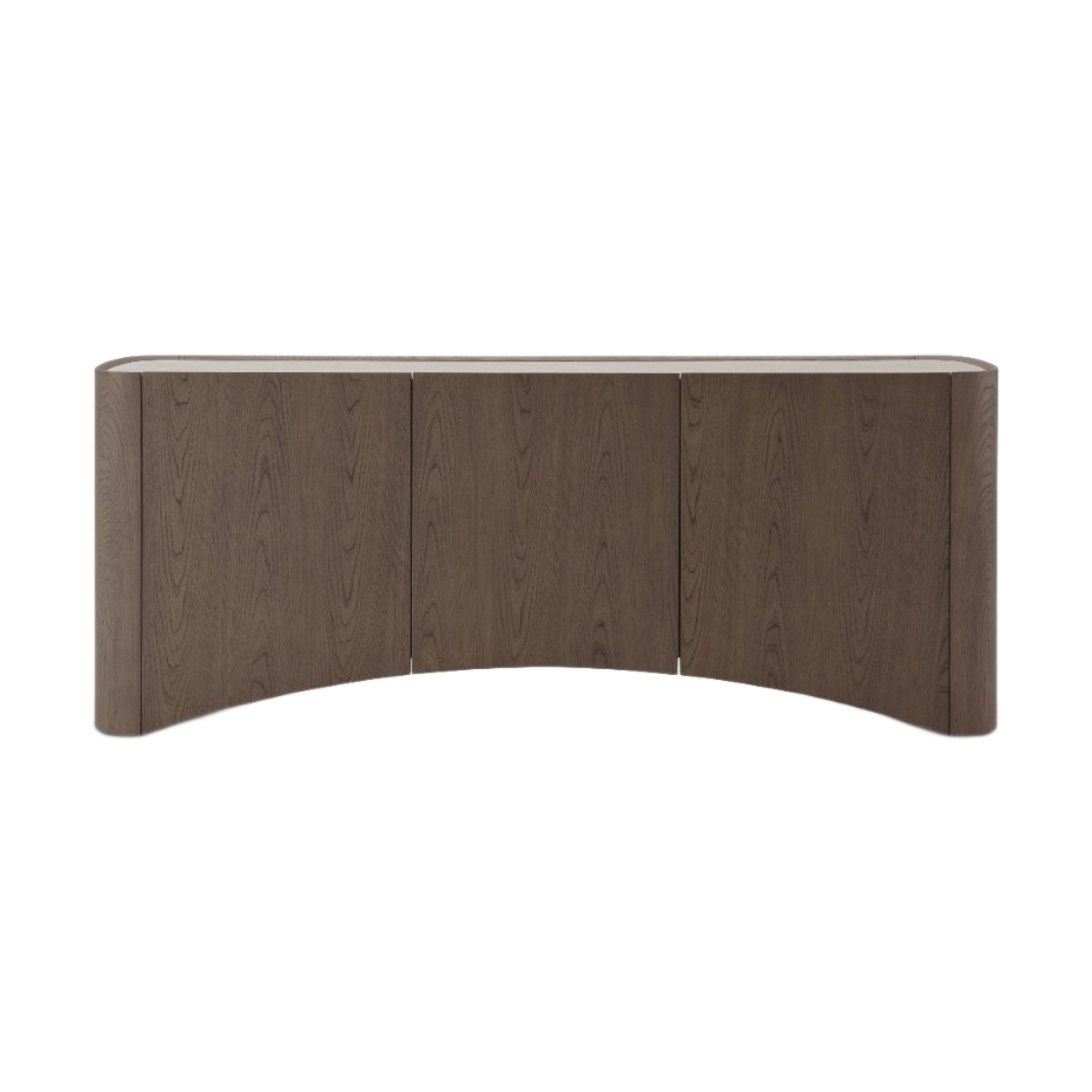 Aparador curvo de madera oscura con 3 puertas y tope claro, vista frontal para sala de lujo.