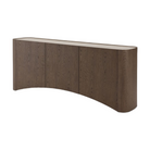 Elegante aparador curvo de madera oscura, vista lateral mostrando su forma, para interiorismo.