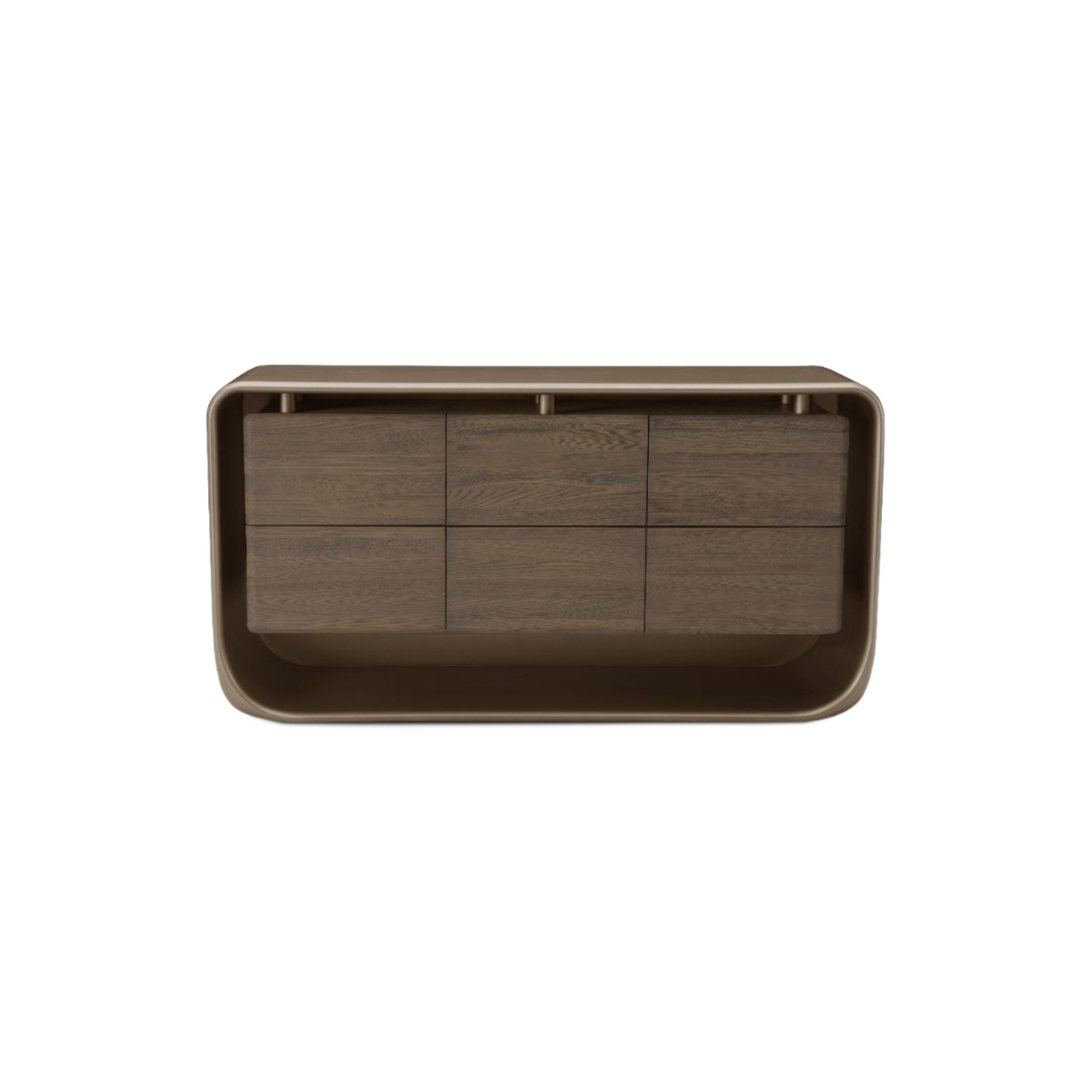 Cajonera cómoda de lujo con seis cajones de madera oscura y estructura moderna taupe, vista frontal.