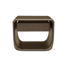 Mesa de noche de lujo curvilínea en bronce con cajón de madera oscura, vista frontal. Estilo moderno.