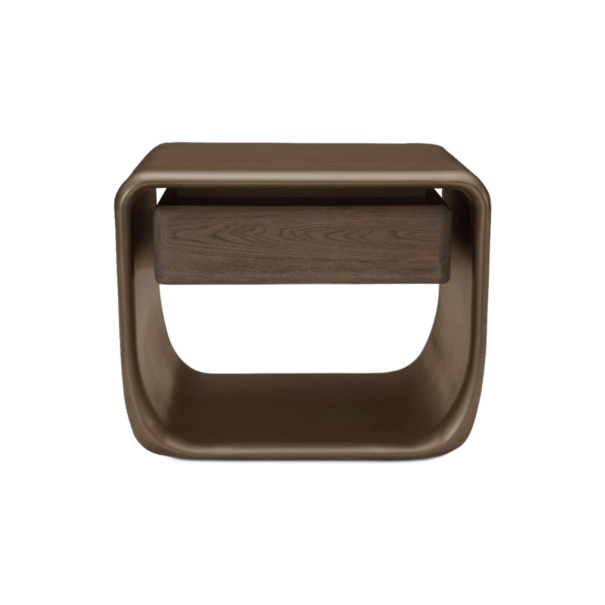 Mesa de noche de lujo curvilínea en bronce con cajón de madera oscura, vista frontal. Estilo moderno.