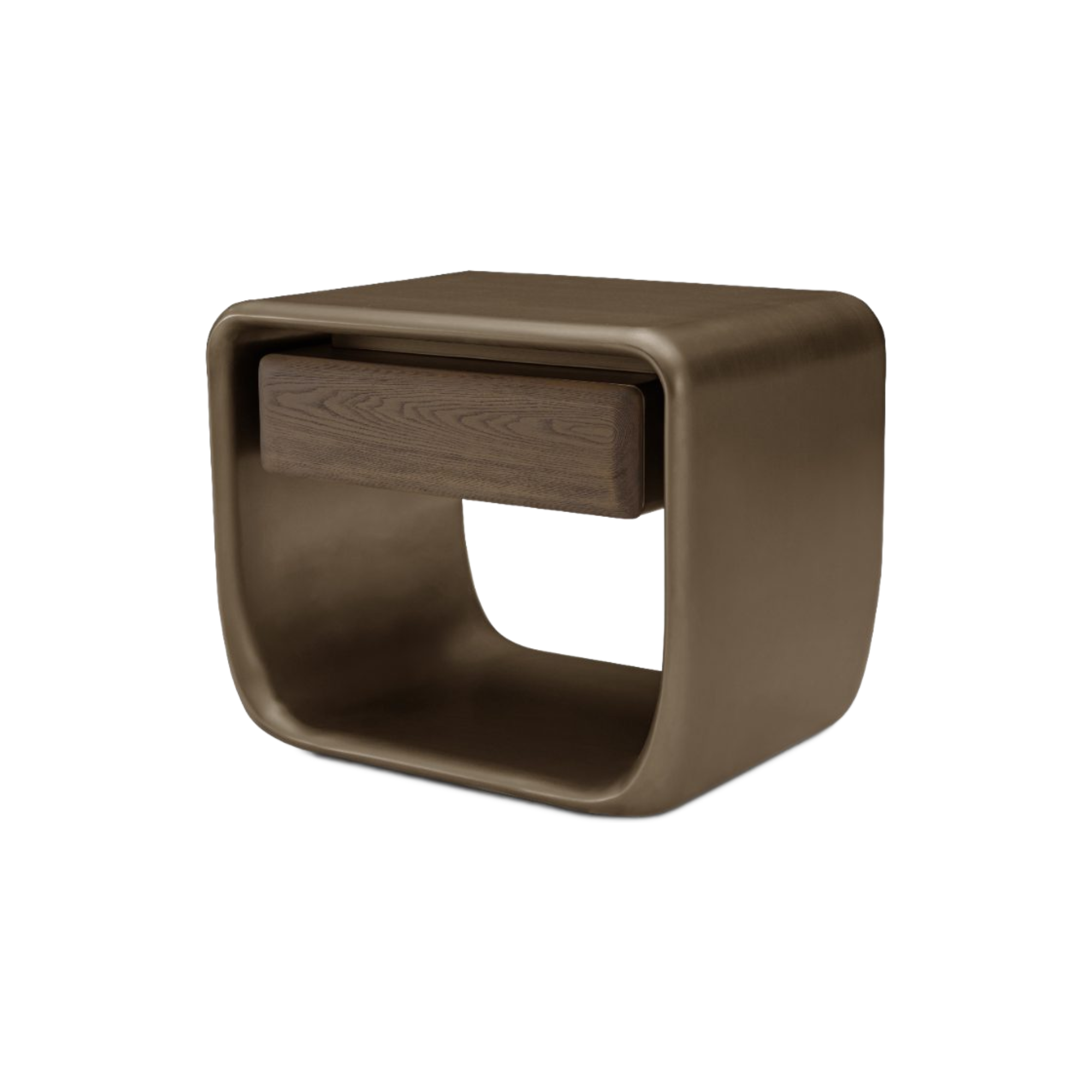 Mesa de noche contemporánea de diseño curvilíneo en color bronce, vista lateral. Ideal para dormitorios.