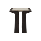 Mesa auxiliar de sala con base en madera oscura y tablero de mármol claro, vista frontal elegante.