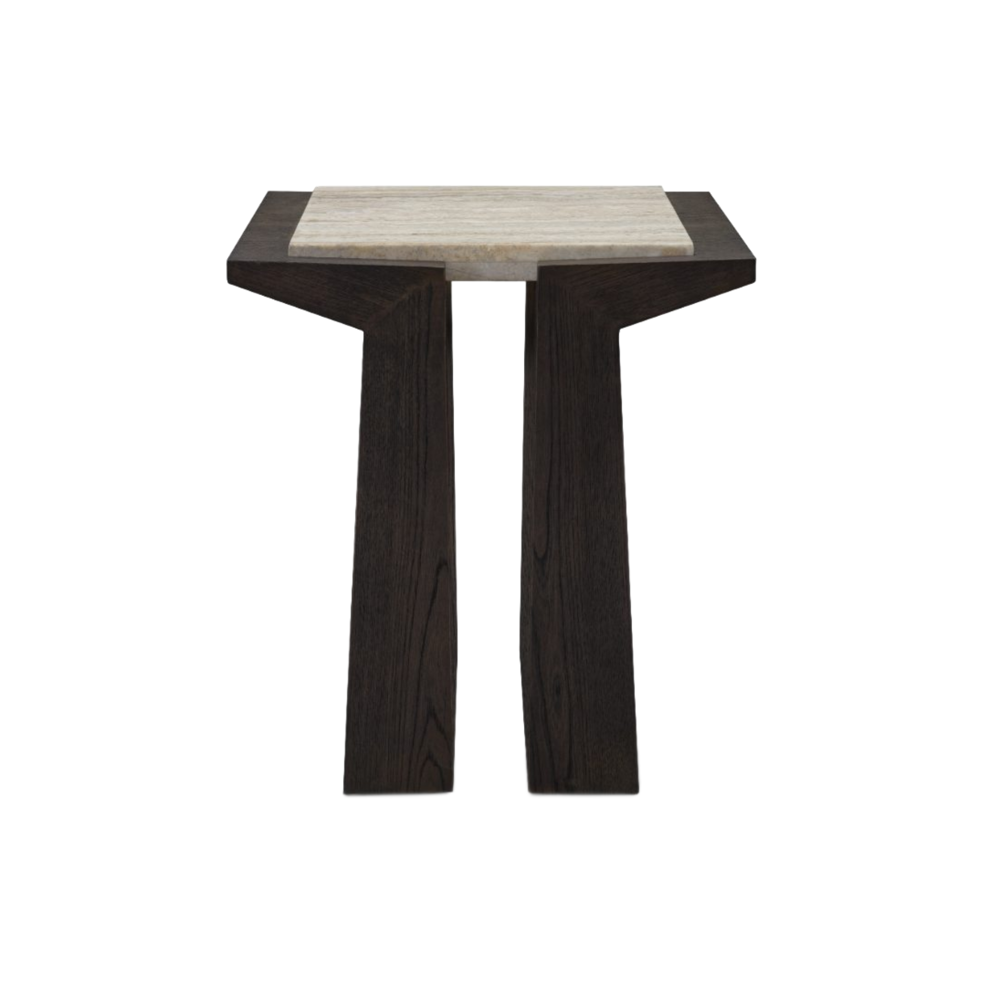 Mesa auxiliar de sala con base en madera oscura y tablero de mármol claro, vista frontal elegante.
