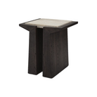 Mesa auxiliar moderna en madera oscura y mármol, vista en ángulo que resalta su diseño escultórico.