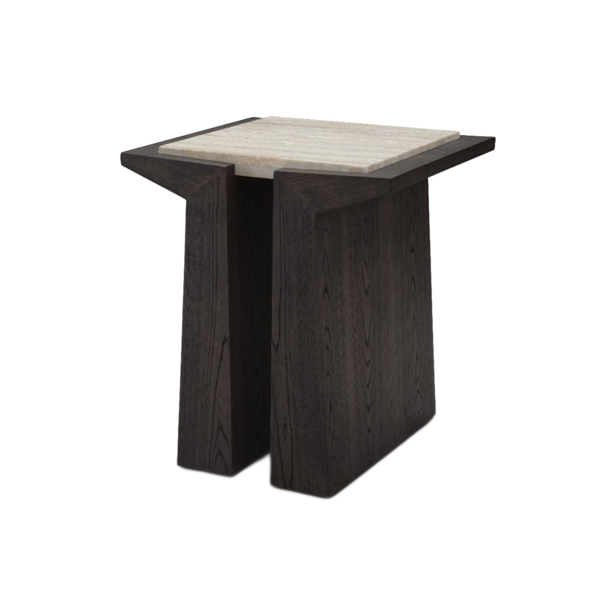 Mesa auxiliar moderna en madera oscura y mármol, vista en ángulo que resalta su diseño escultórico.
