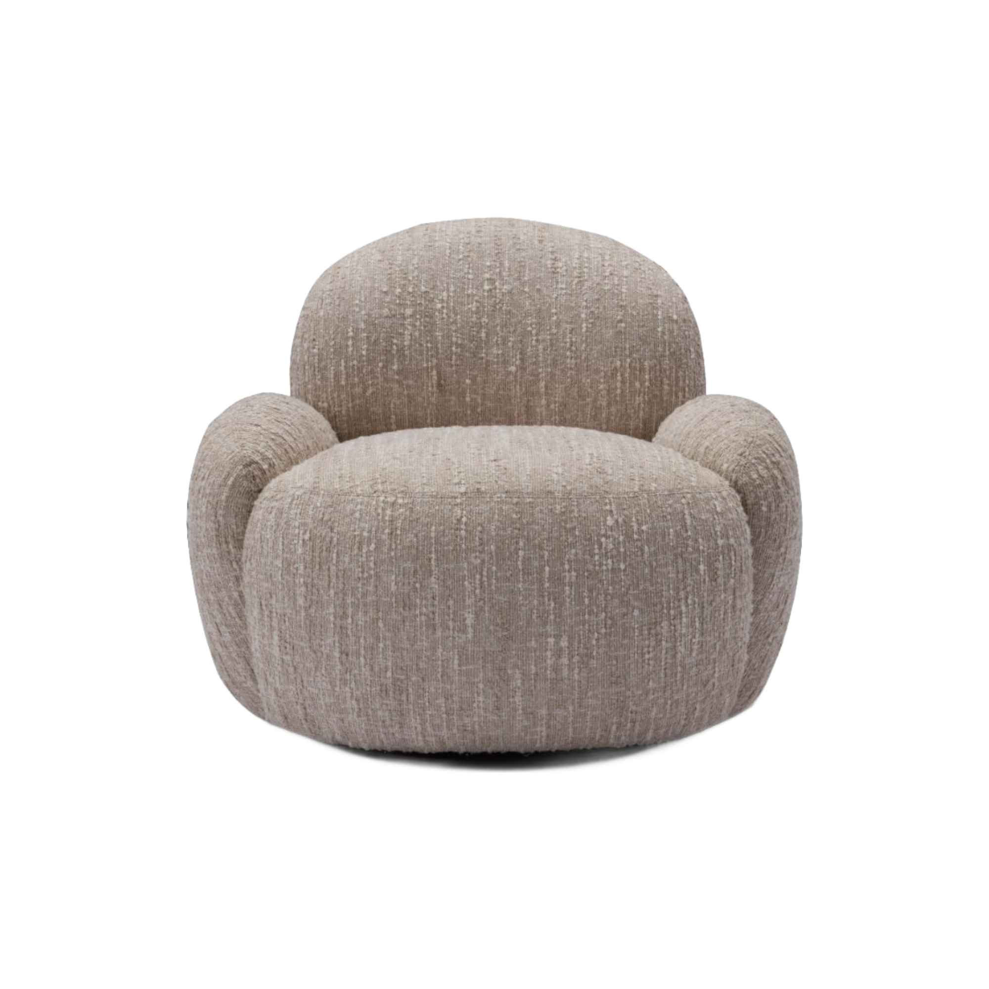 Poltrona estilo contemporáneo en tono neutro con textura suave, diseño envolvente, vista frontal.