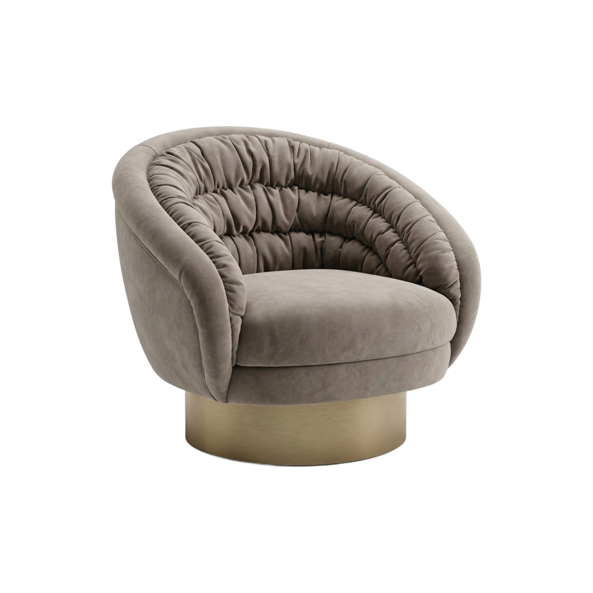 Poltrona giratoria de terciopelo taupe con espaldar fruncido y base dorada. Diseño moderno y elegante.