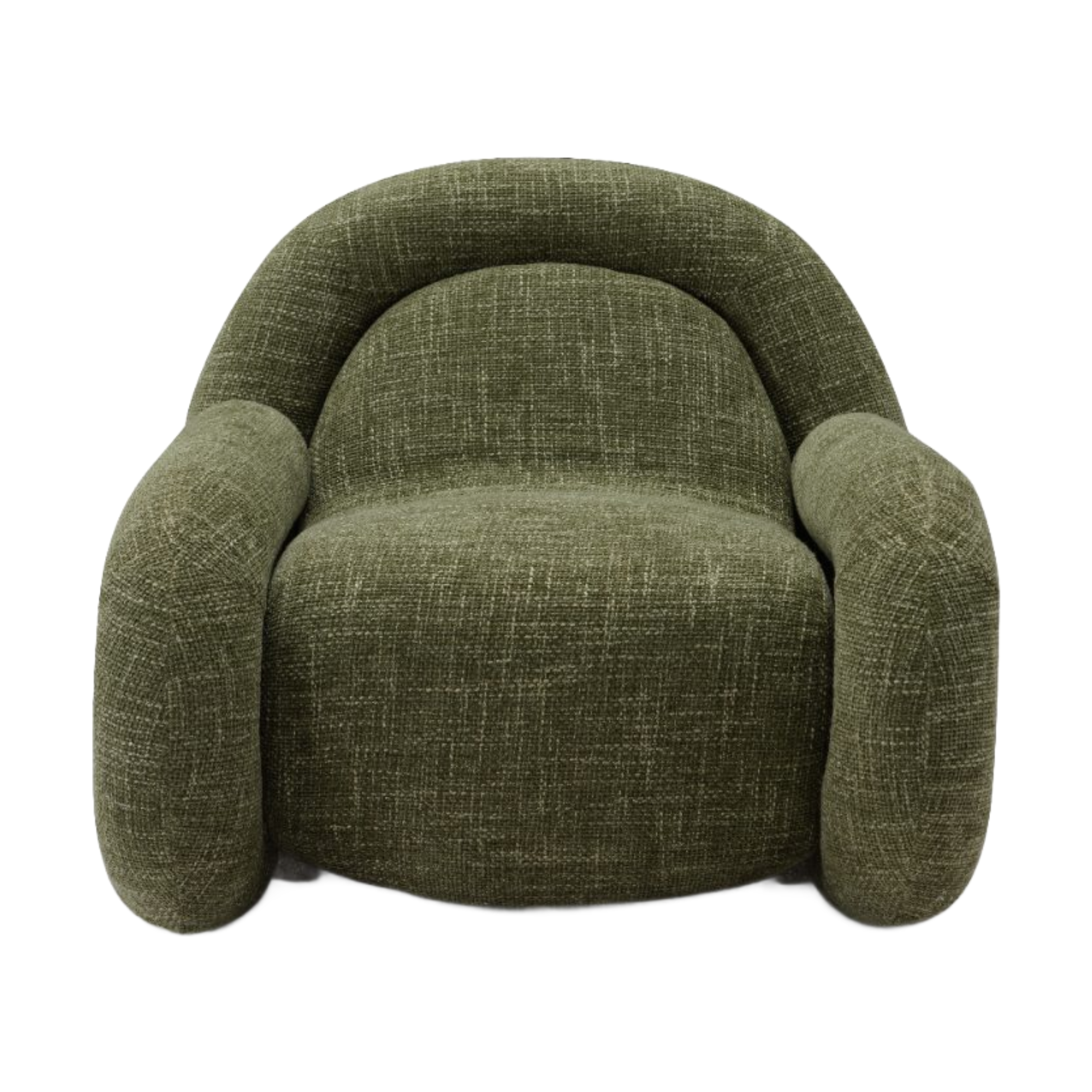 Poltrona de diseño moderno curvilíneo verde oliva, vista frontal, tapizado texturizado.