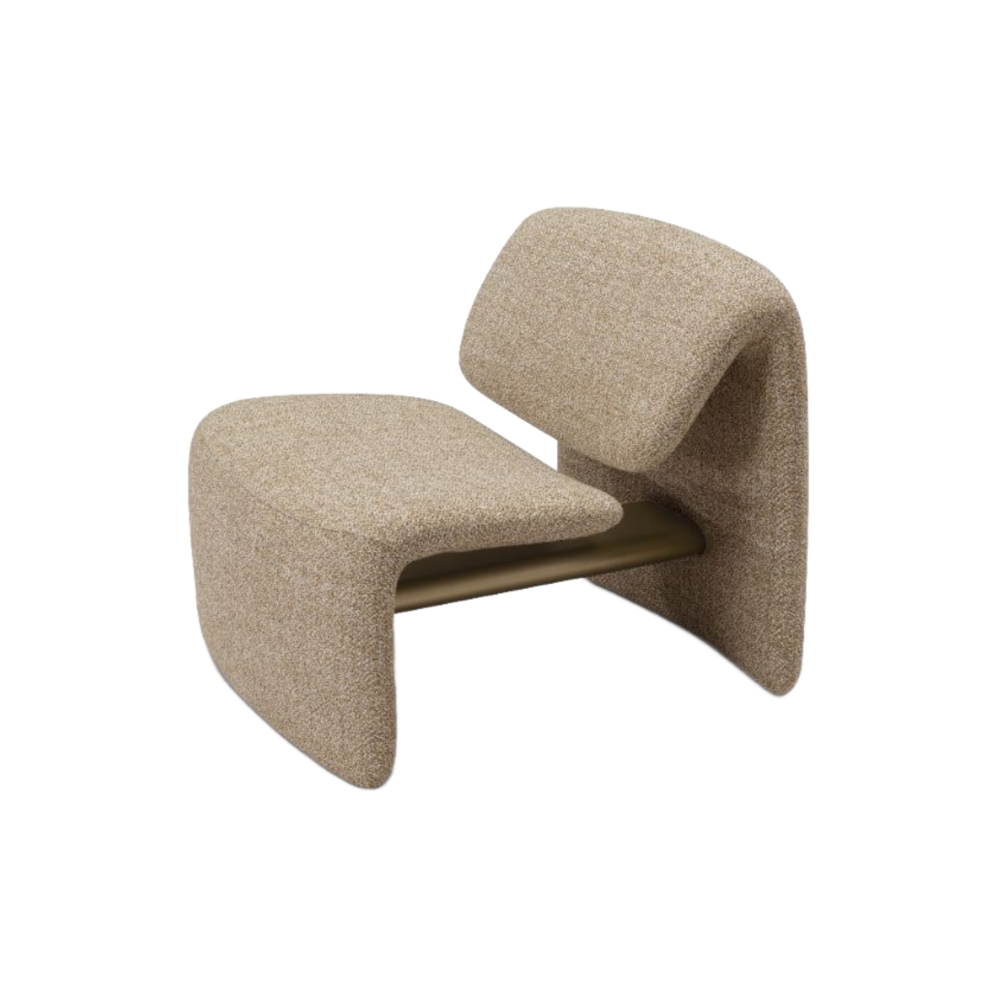 Sillón individual contemporáneo color crudo con silueta curva, tapizado bouclé, perspectiva frontal.